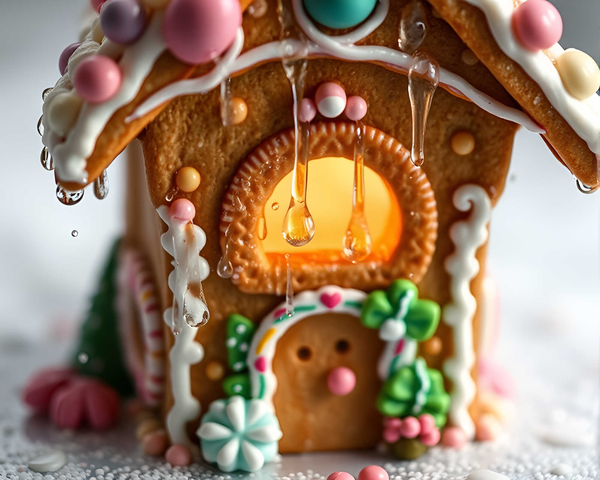 Gingerbread House in Muted Pastels with Dew Drops – free AI stock image