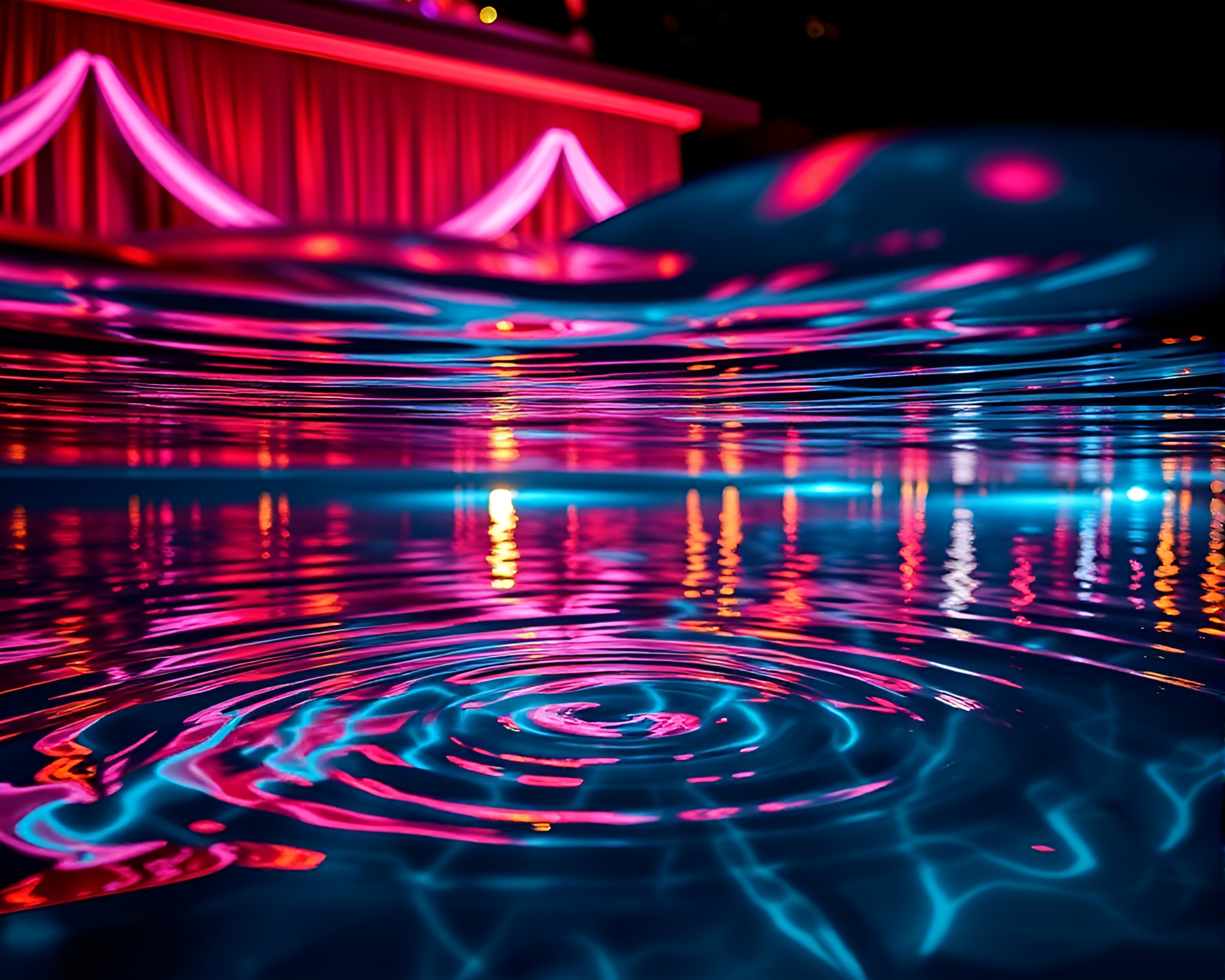 Twinkling Satin Ribbon Reflections Amidst Strobe-Lit Water – free AI stock image