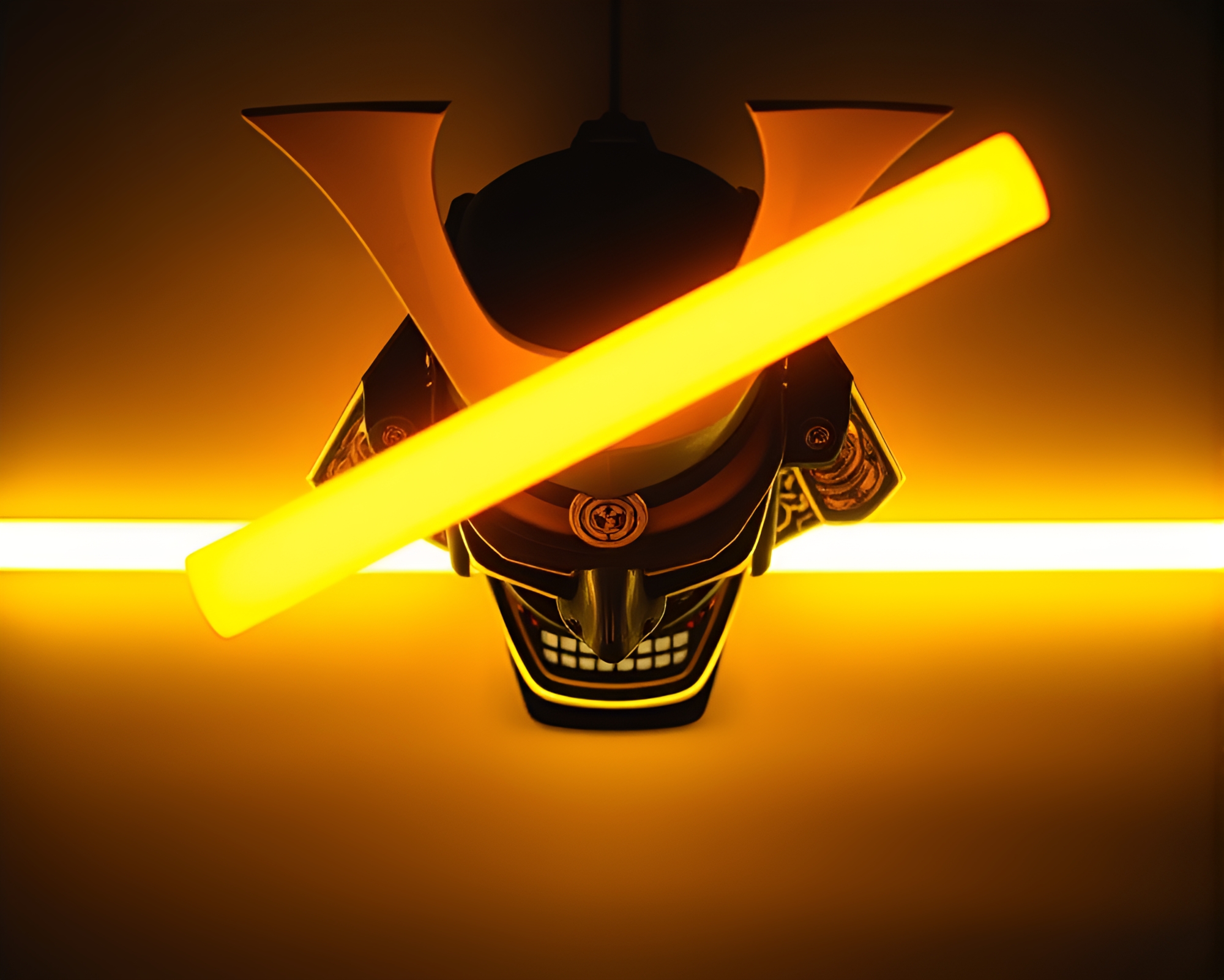 Samurai Helmet in Mustard Yellow Fluorescent Light – free AI stock image