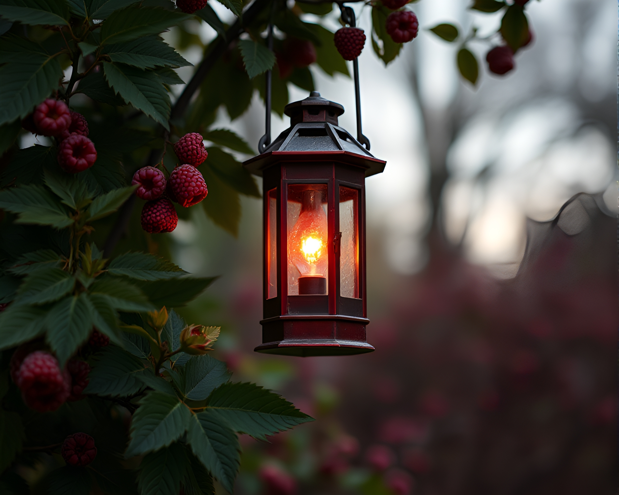 Enchanting Raspberry Grove Illuminated by Lantern Light – free AI stock image