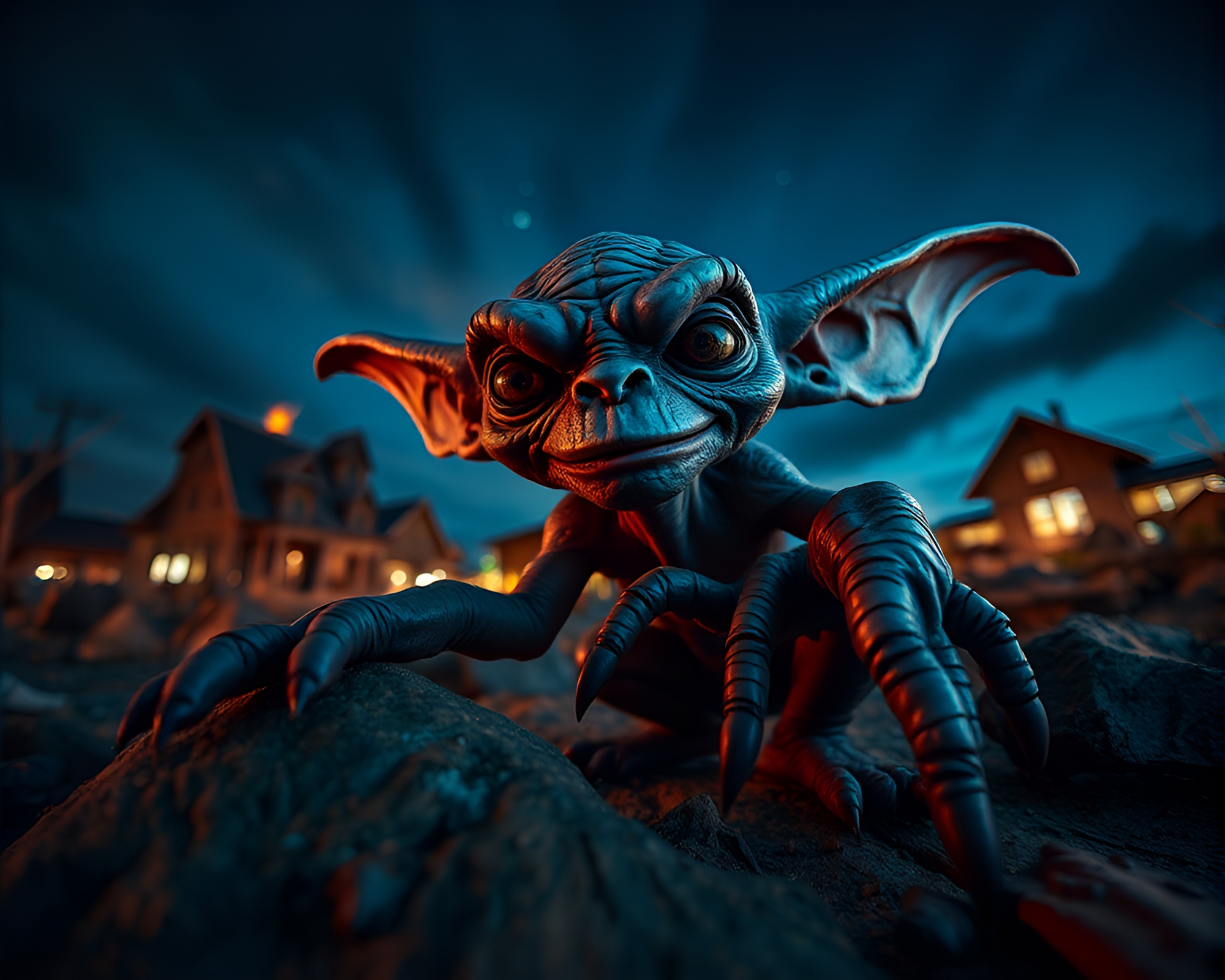 Goblin Hatchling in Steel-Blue Fantasy Woodscape – free AI stock image