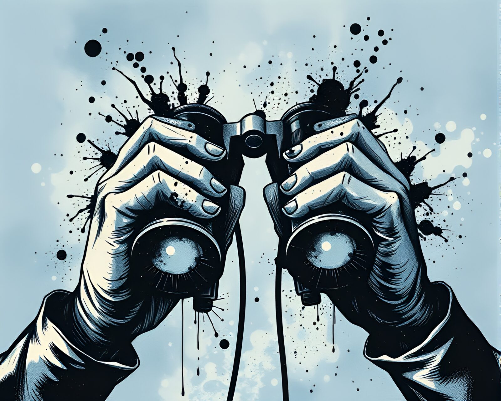 Image of indigo-toned binoculars surrounded by intricate ink splashes
