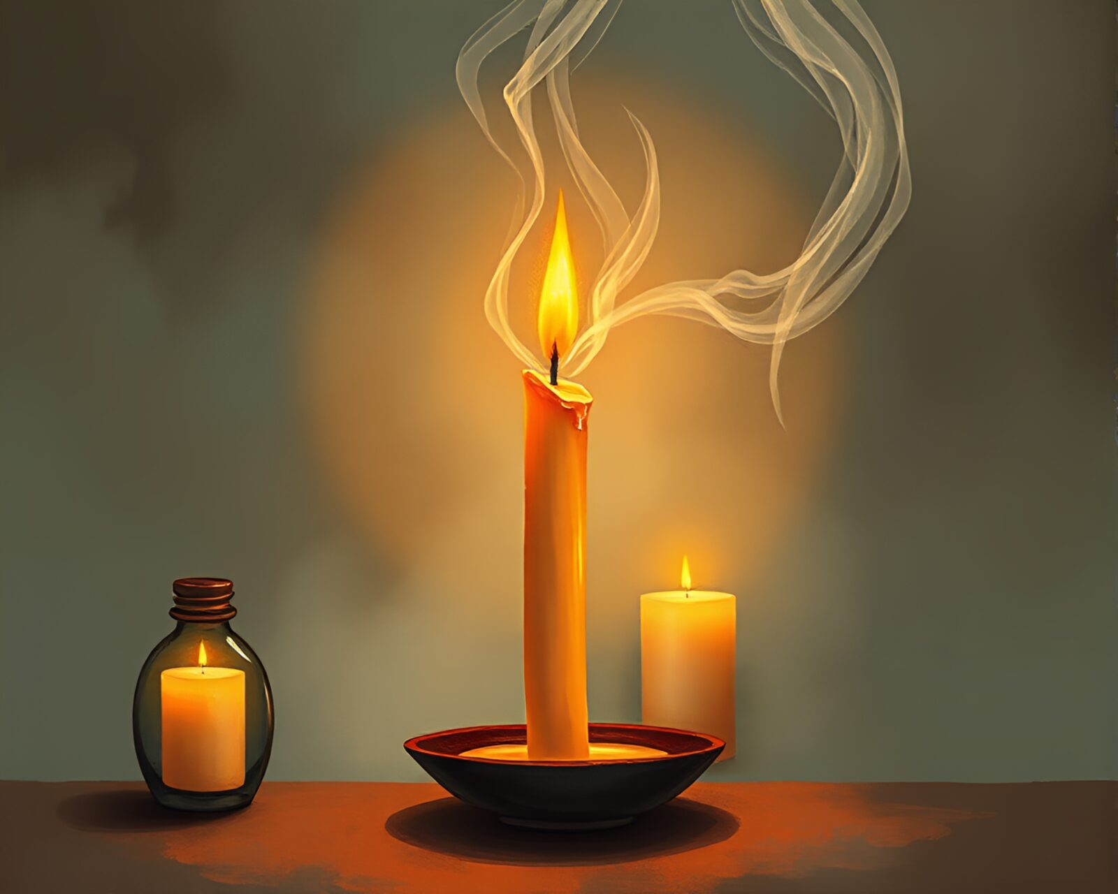 A mystical oasis scene with split tone lighting and candle smoke swirls in a fashion illustration style