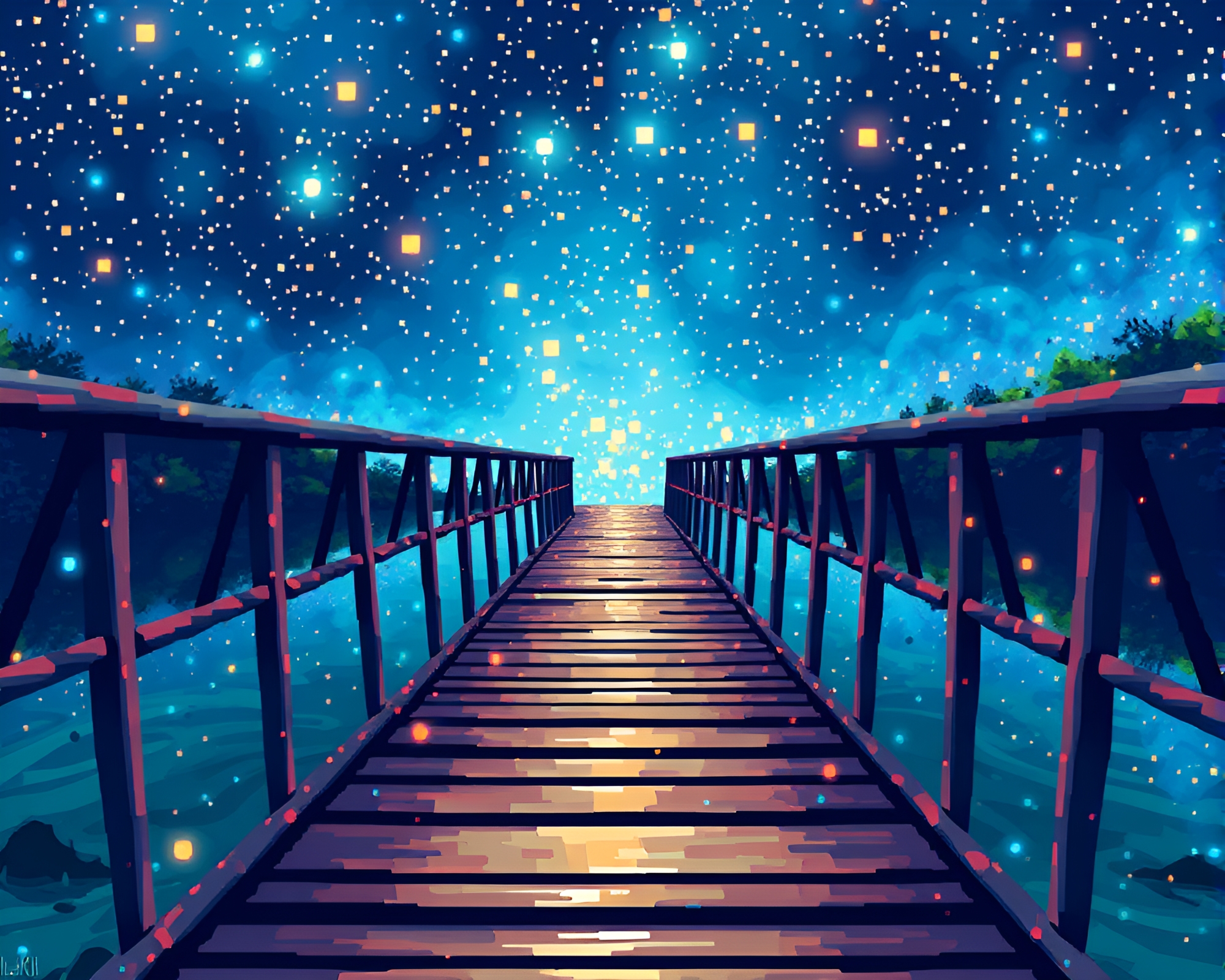 Luminous Wooden Bridge with Holographic Specks – free AI stock image