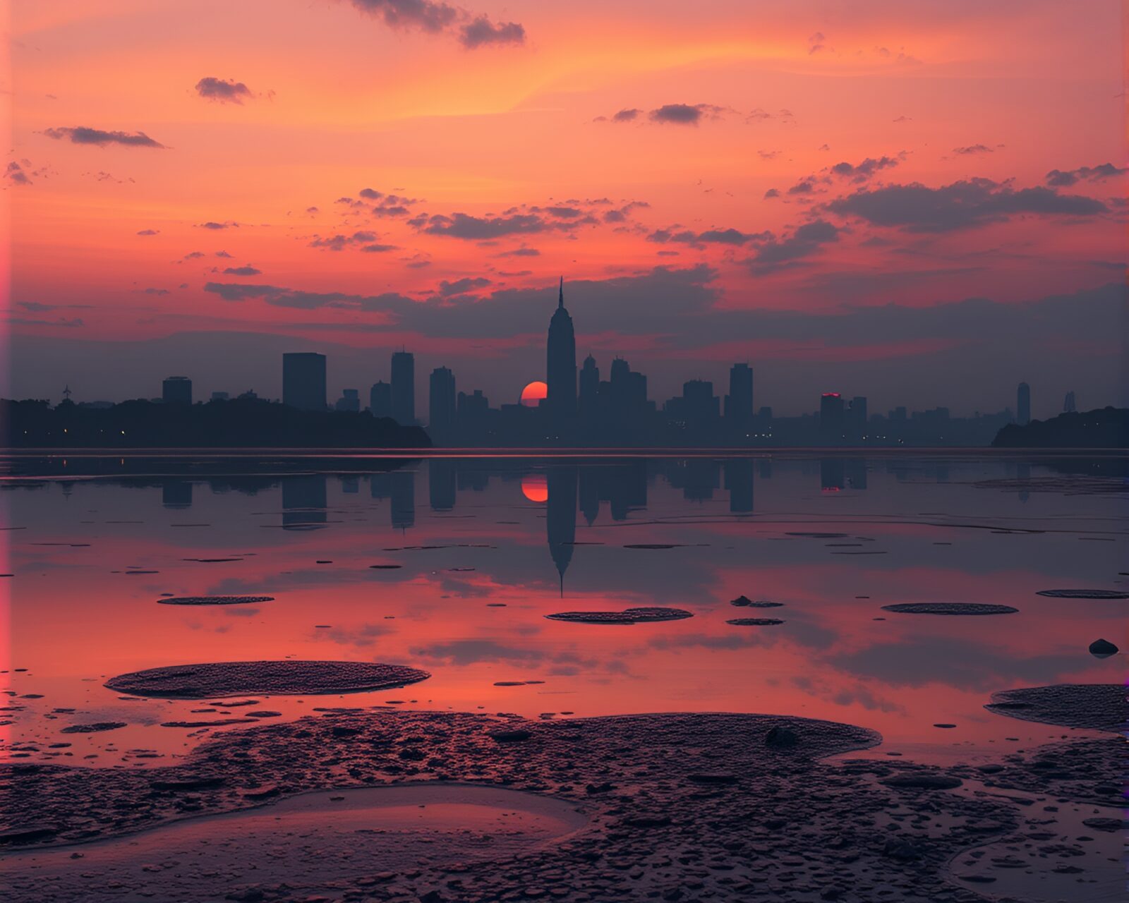 Dusk-colored background with crown reflecting in water