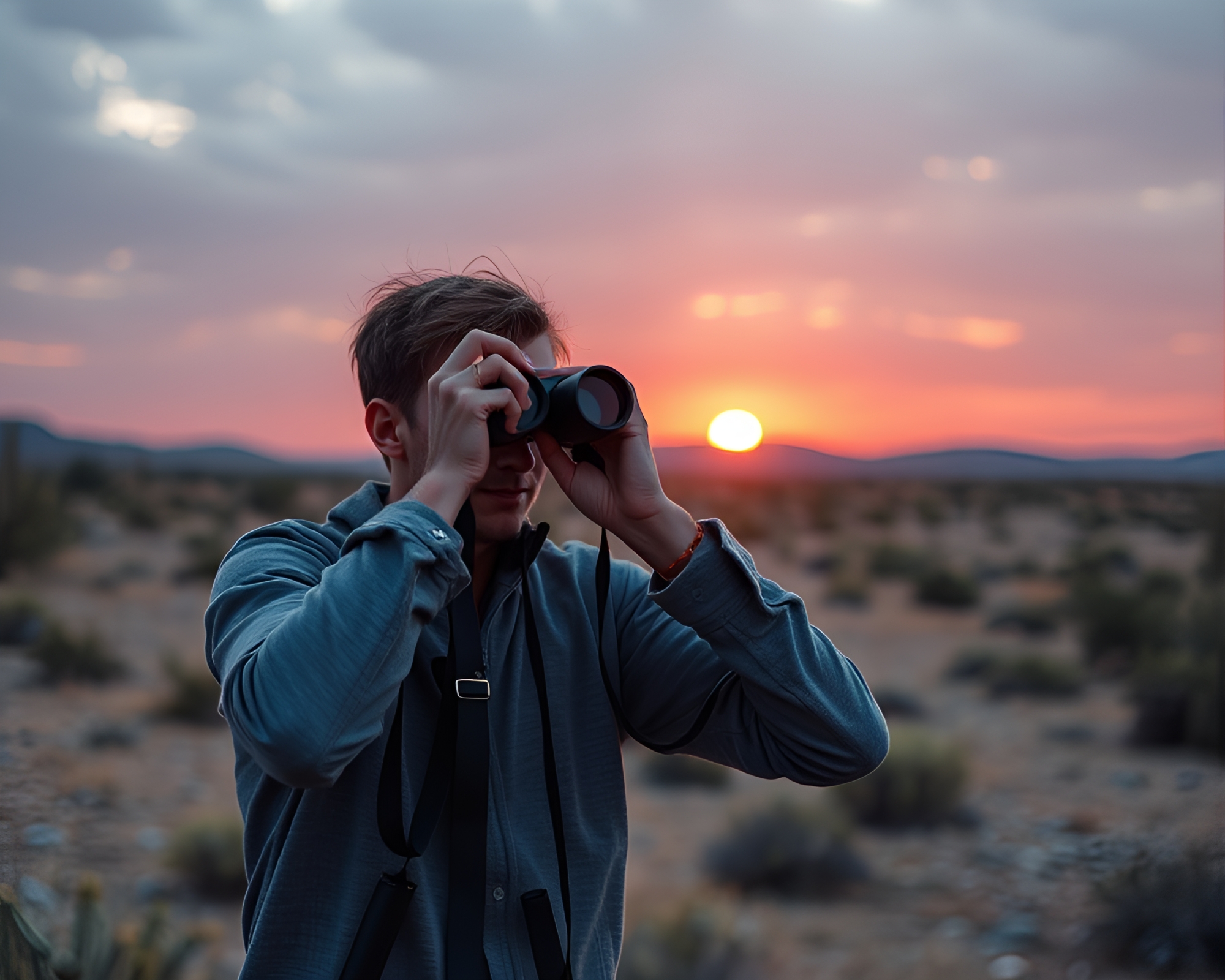 Surreal Binoculars Encounter at Desert Sunset – free AI stock image