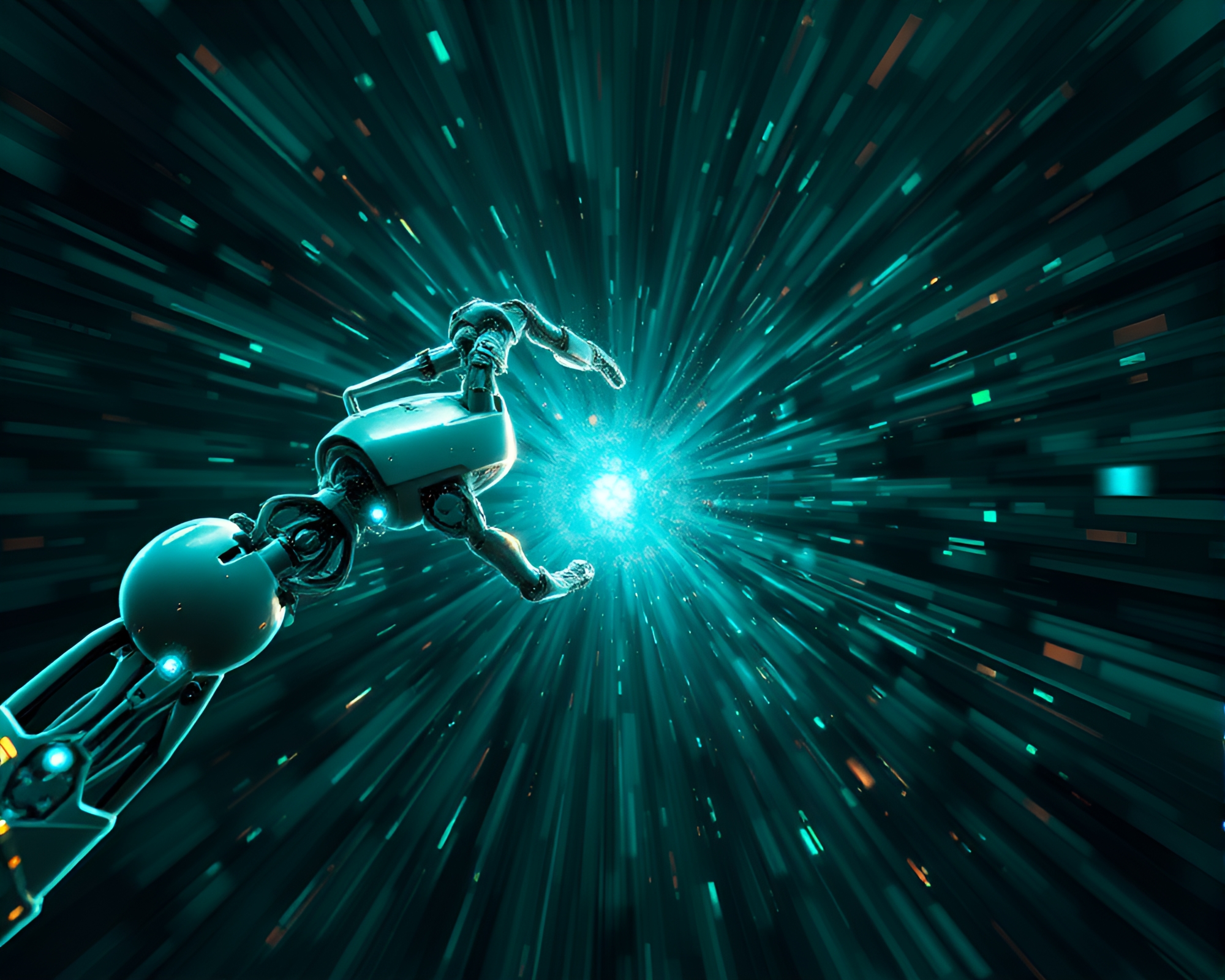 Robotic Arm Zoom Burst in Fractal Teal Serenity – free AI stock image