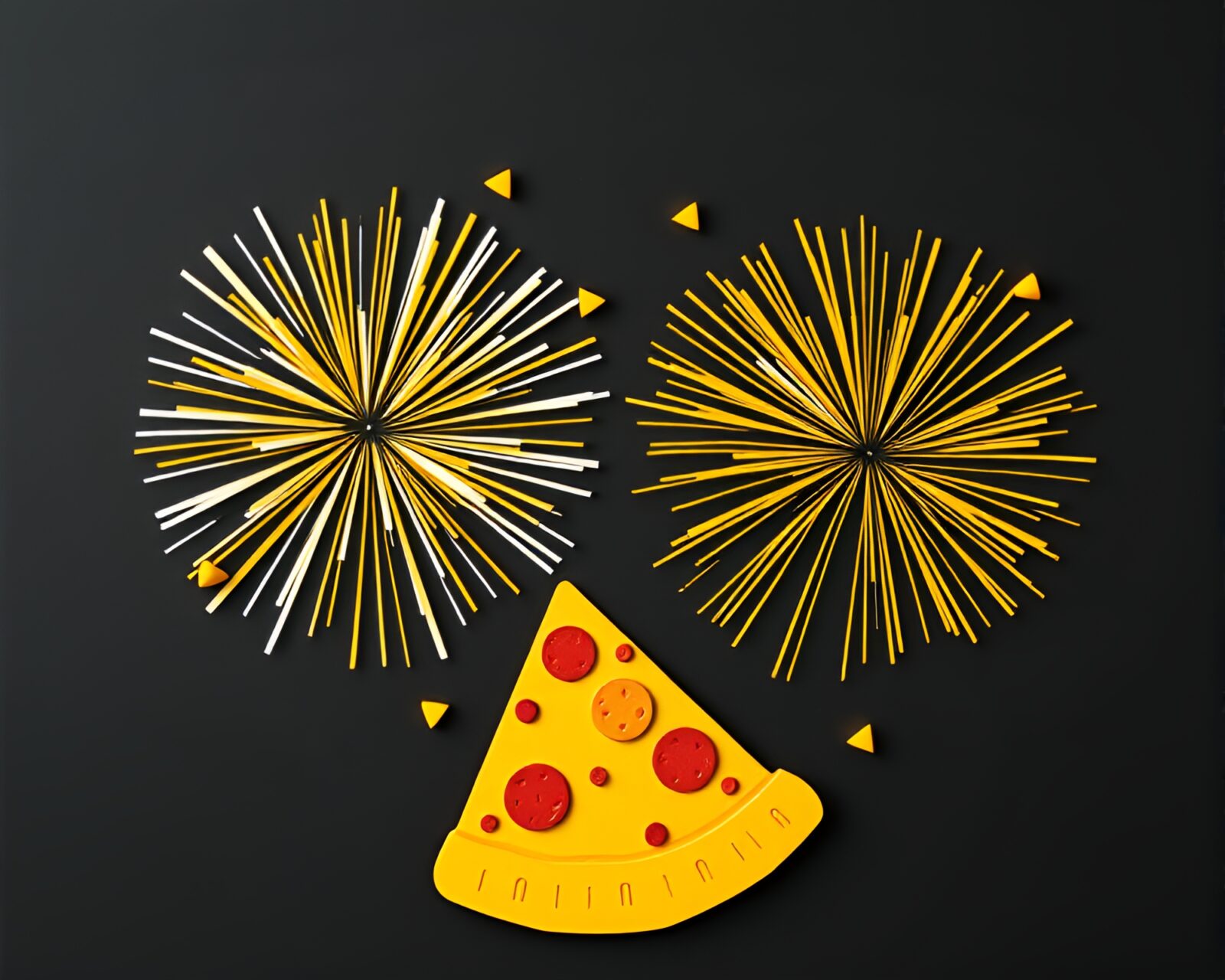 Paper cutout pizza slice surrounded by bursts of fireworks