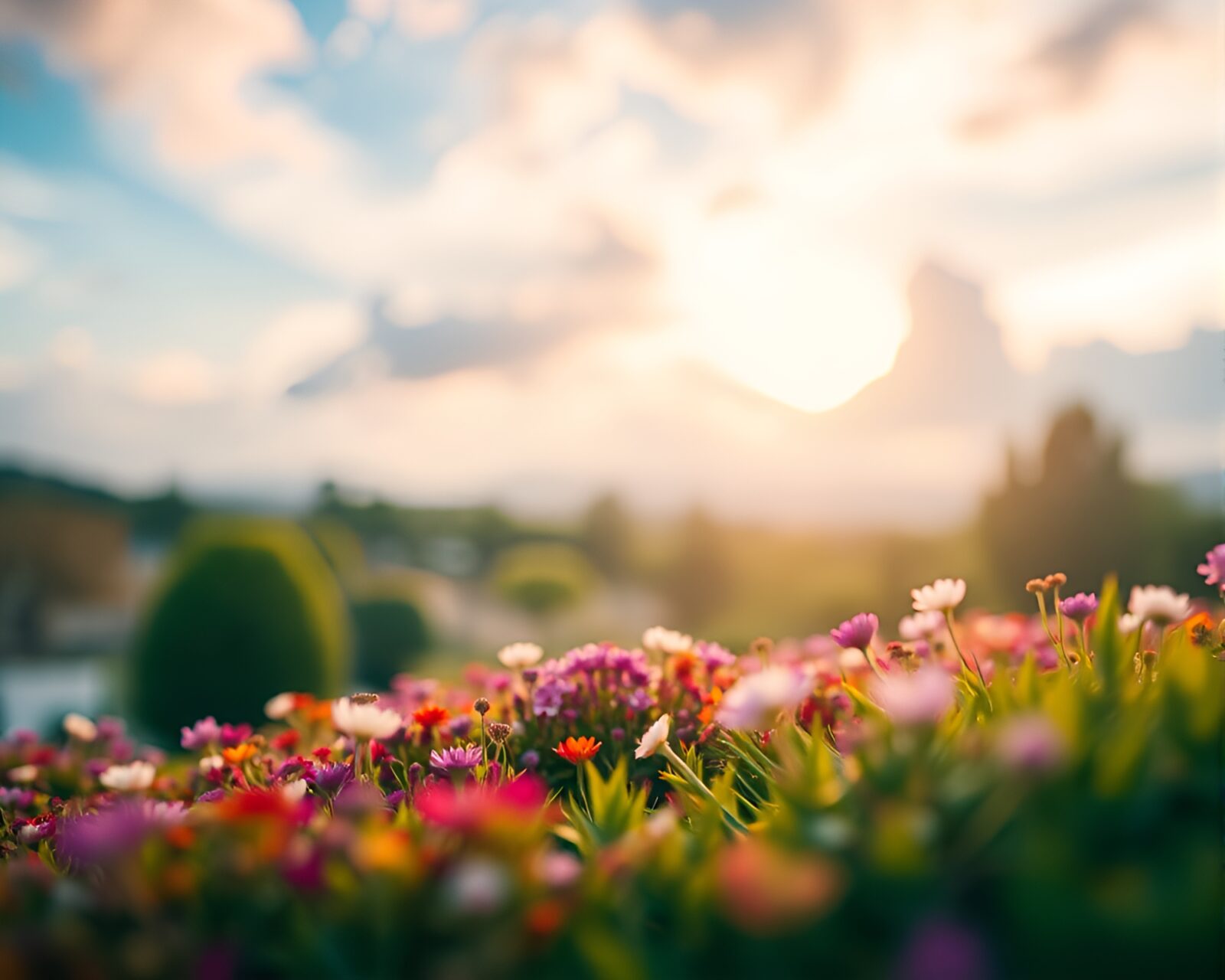 Lush mini garden under deep sky, vibrant jewel tones.