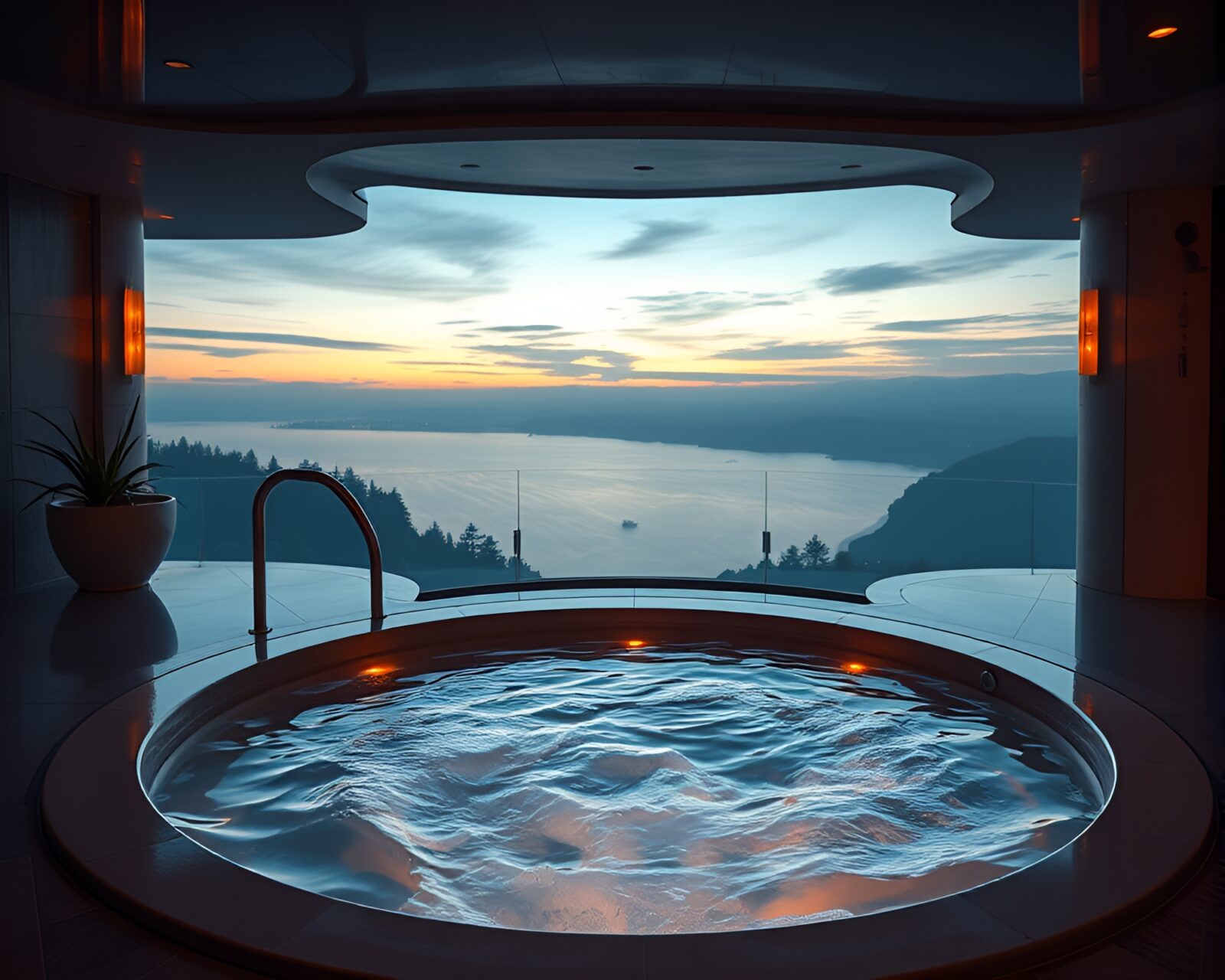 Cool dawn light illuminating material design whirlpool at art deco hotel