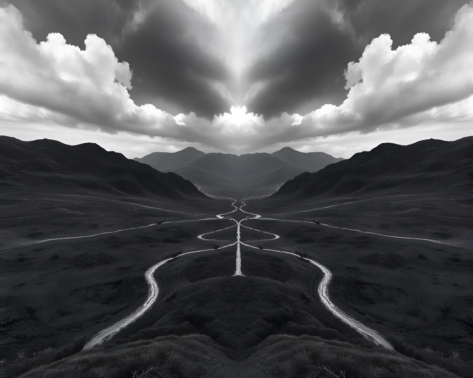 Dark, symmetrical valley with eerie lighting and shadows