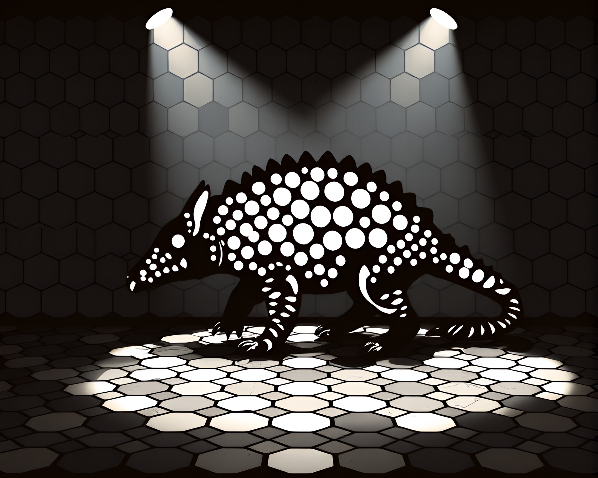 Armadillo Armory: Stencil Spotlight in Hexagonal Harmony – free AI stock image
