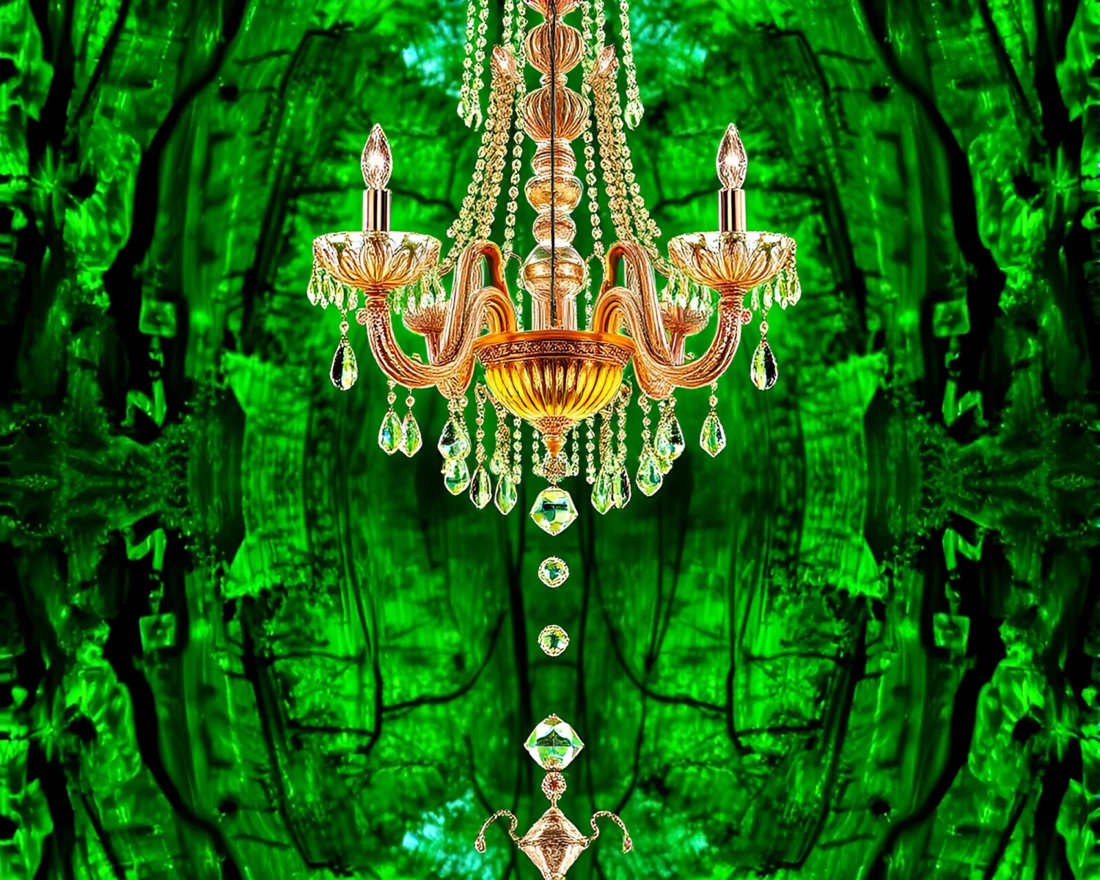 Mirror Symmetry in enchanted forest green crystal chandelier glitch art