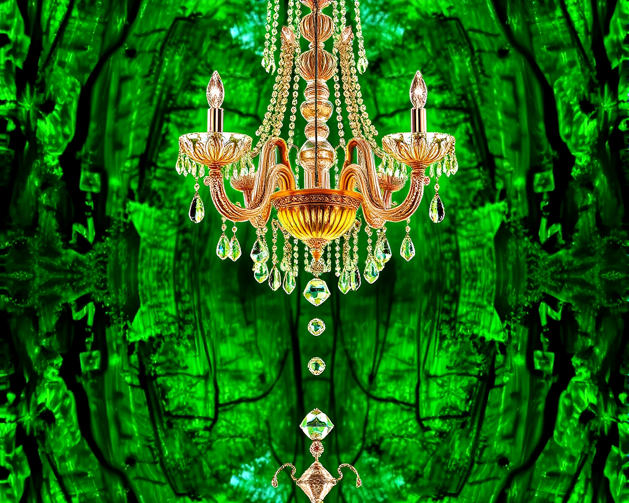 Enchanted Forest Green Crystal Chandelier Glitch Art Composition – free AI stock image