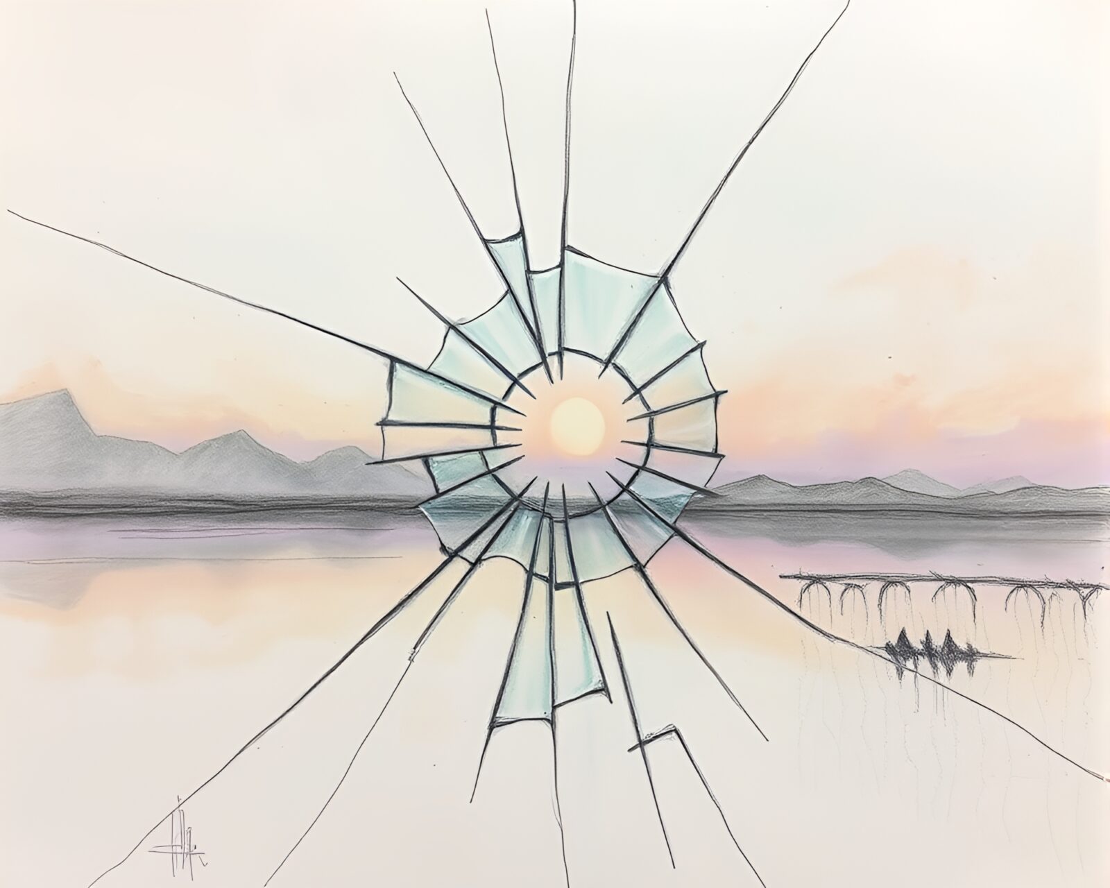 Muted pastel pencil drawing of surreal broken glass scene