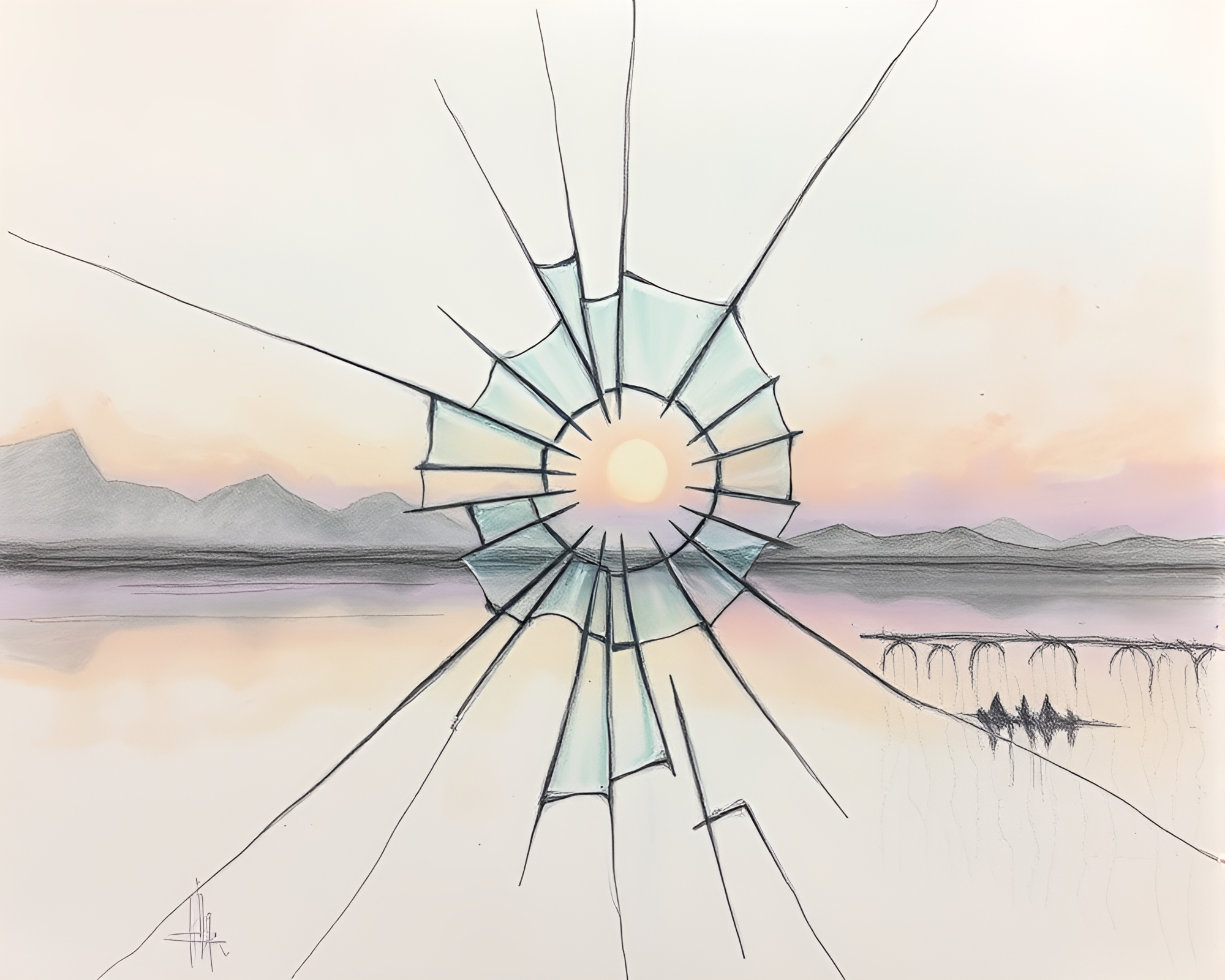 Surreal Broken Glass Reflection Dreamscape Sketch – free AI stock image