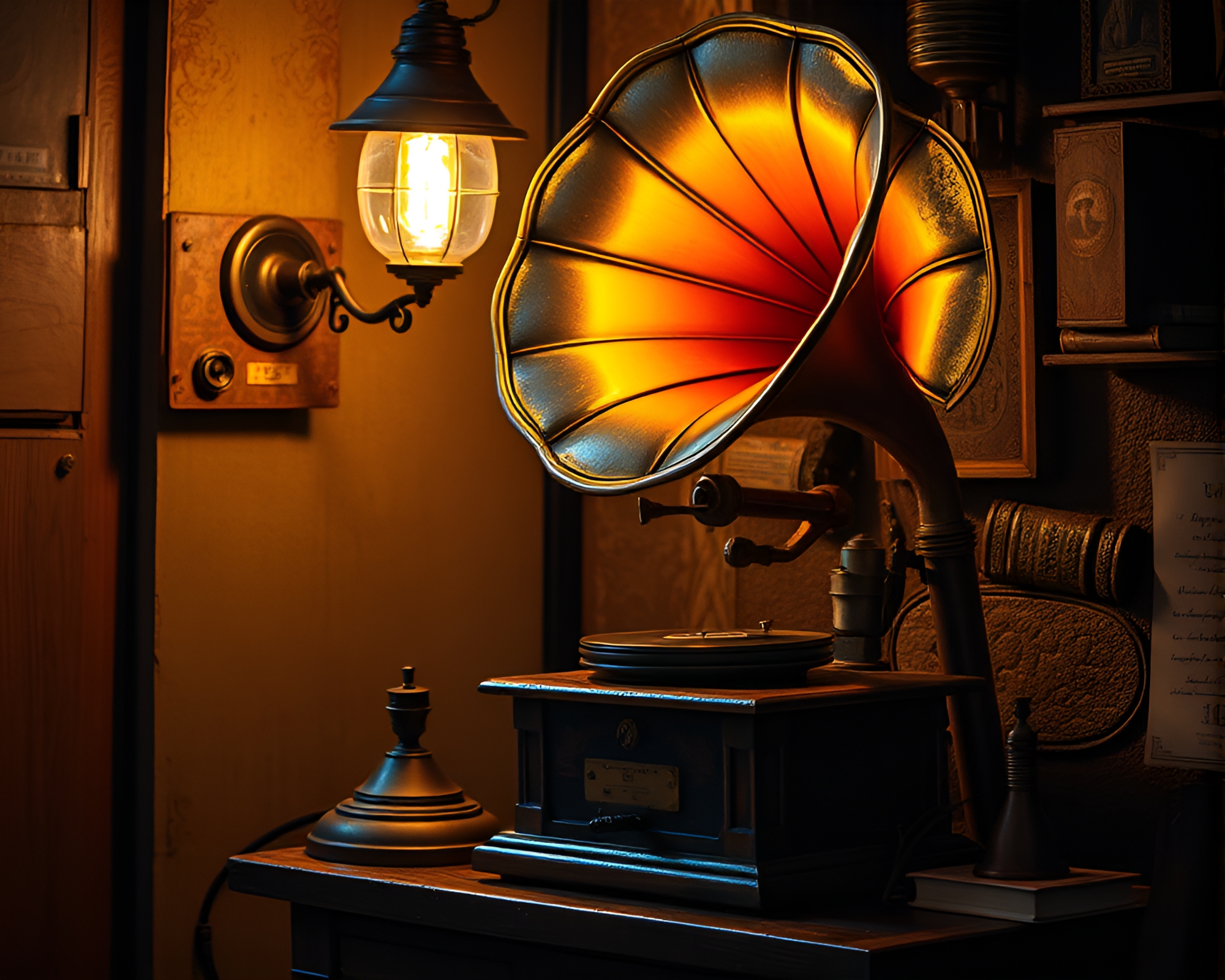 Steampunk Gramophone in Grunge Library Street Art – free AI stock image