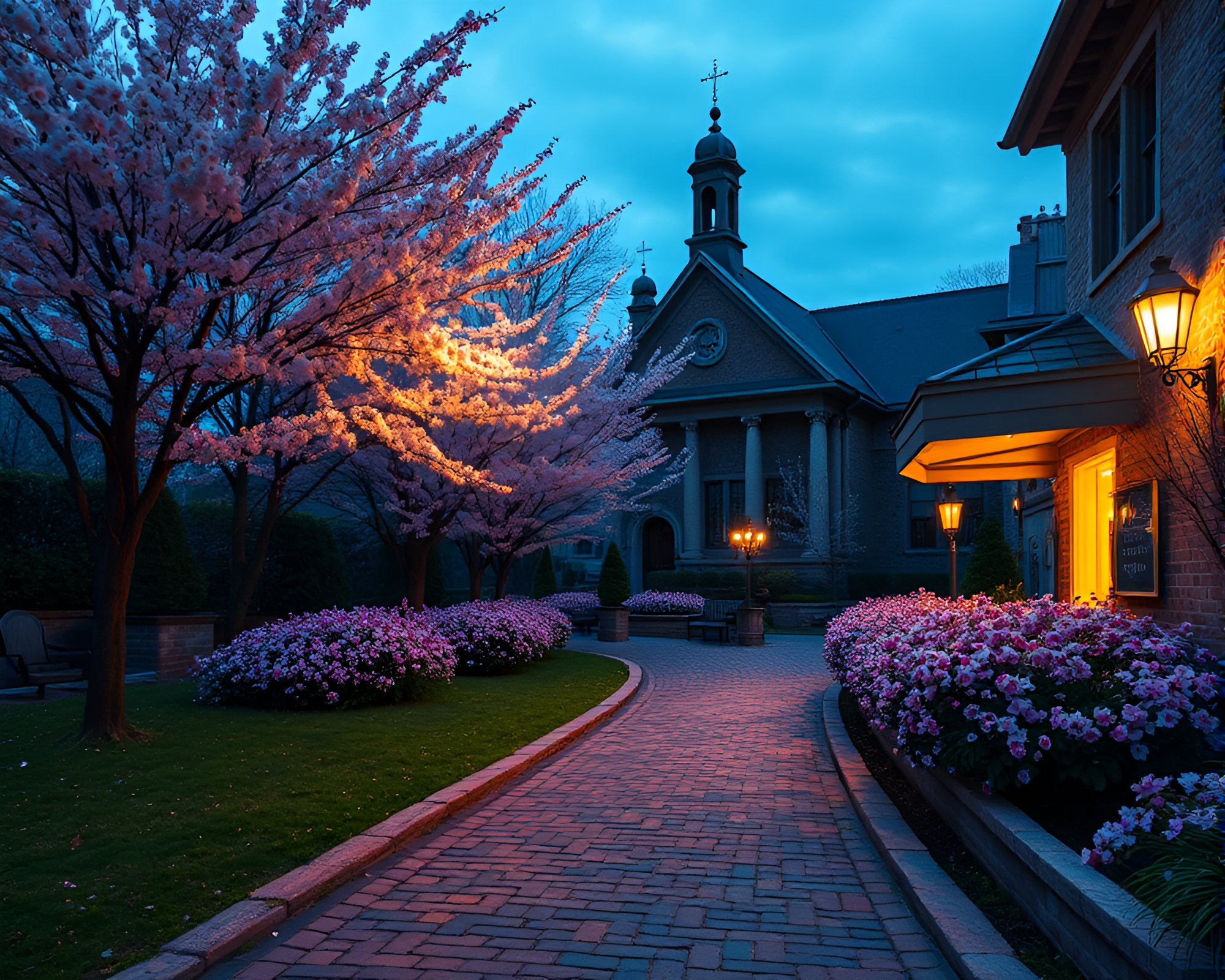 Spring Blossom Opera House Cobblestone Path – free AI stock image