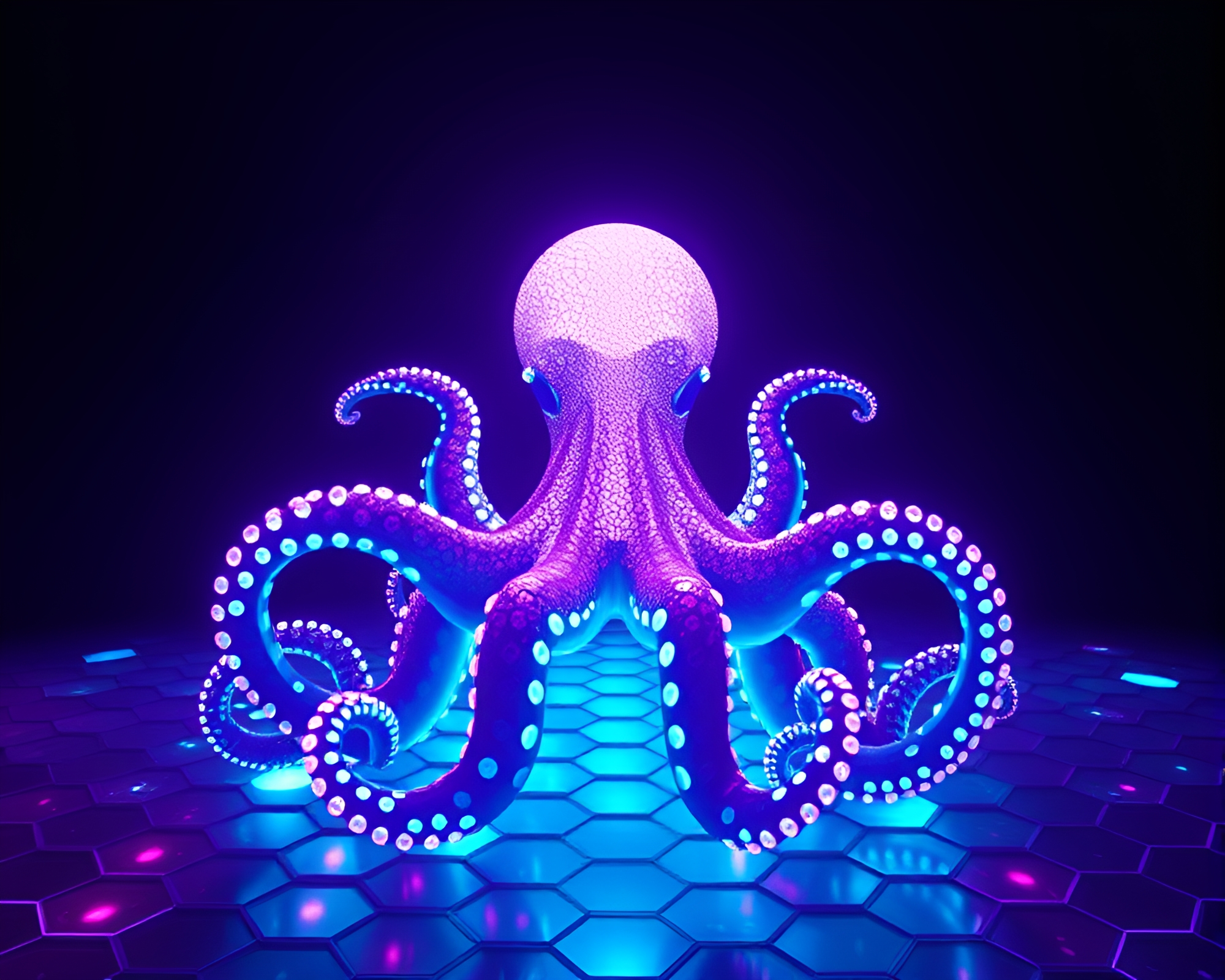 Vaporwave Octopus Silhouette in Hexagonal Tiling – free AI stock image