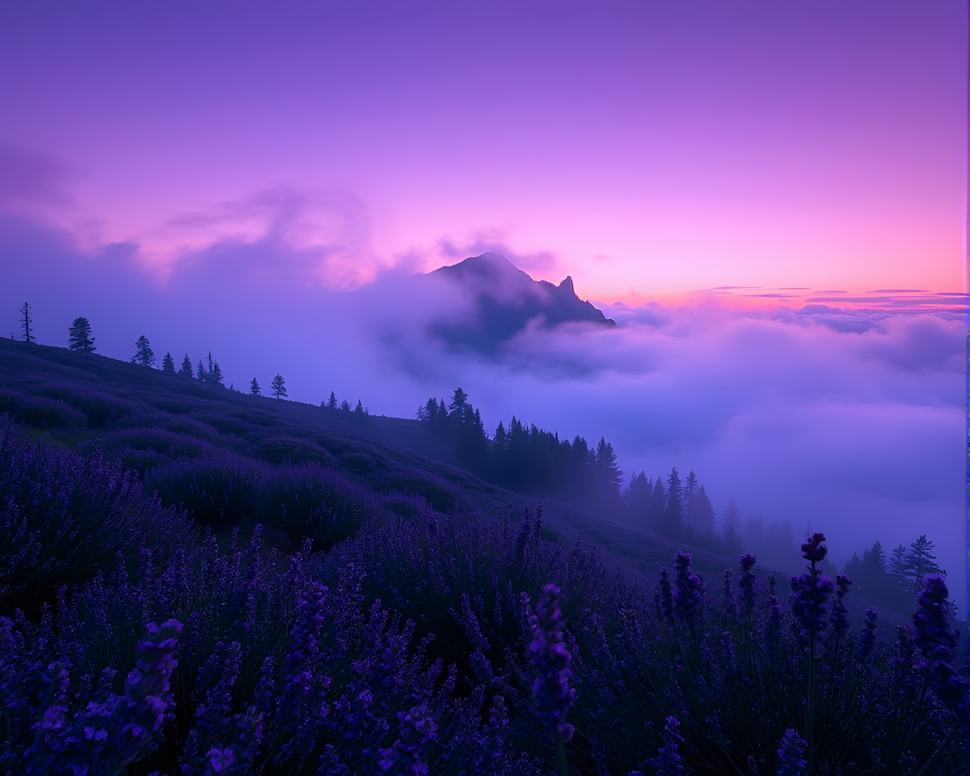 Mist-Shrouded Mountain at Lavender Twilight with Cybernetic Texture – free AI stock image