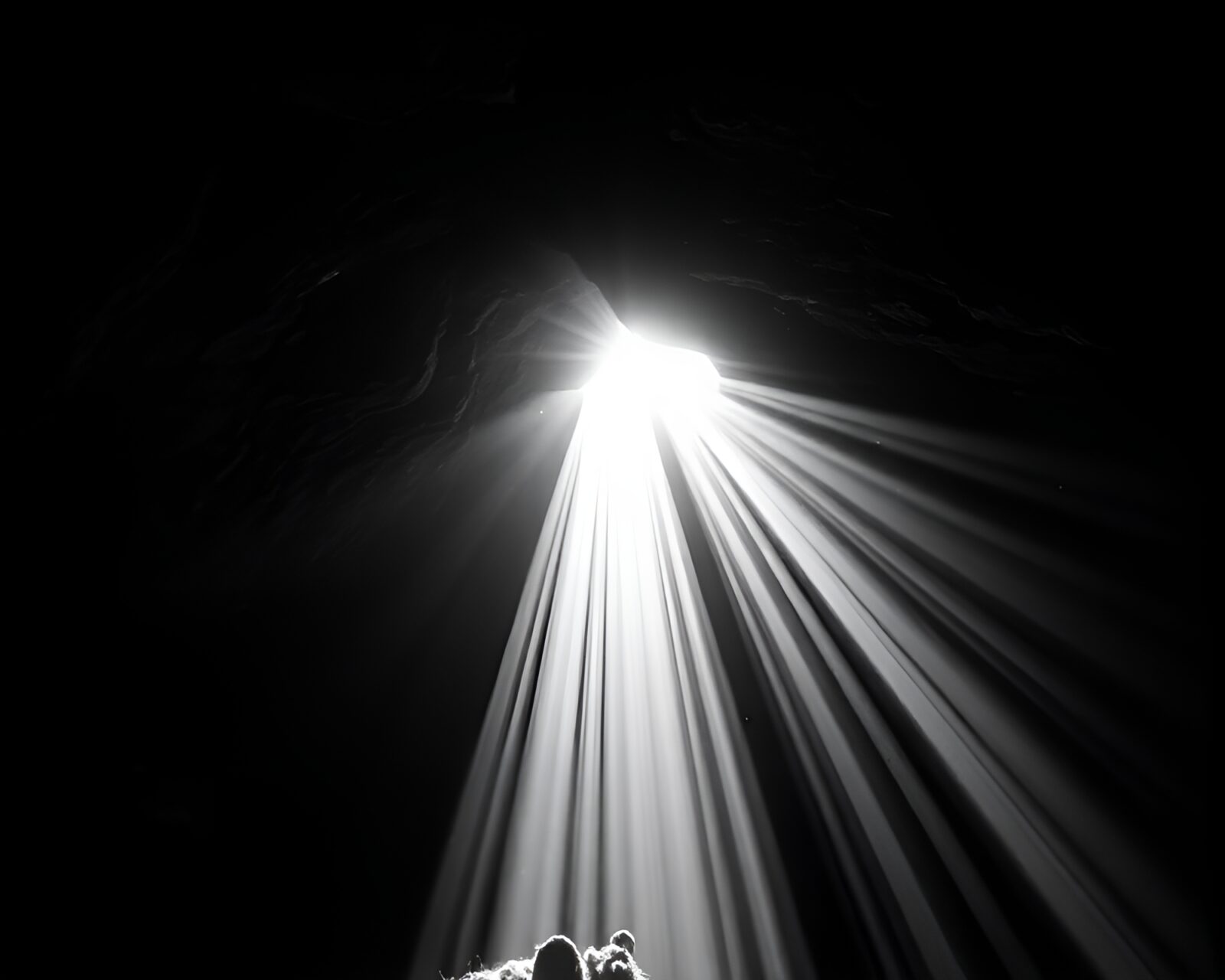 Intricate stippling art of sunlit underground grotto landscape