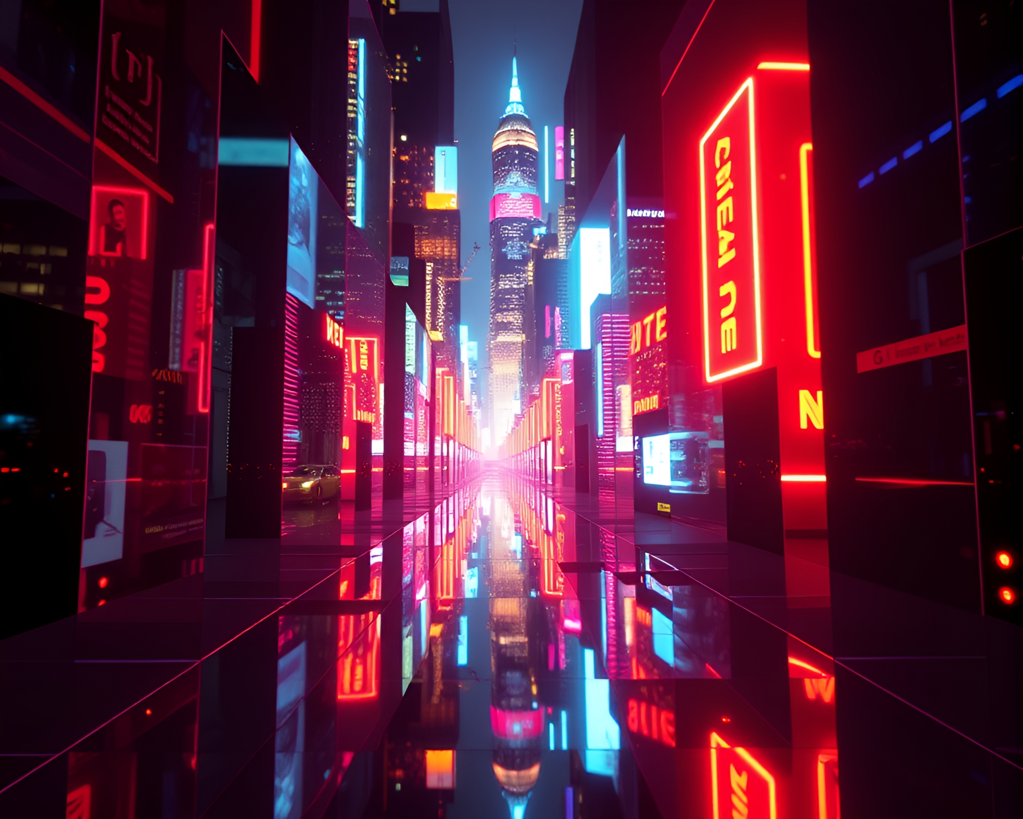 Neon Mirror Maze Cityscape Collage – free AI stock image