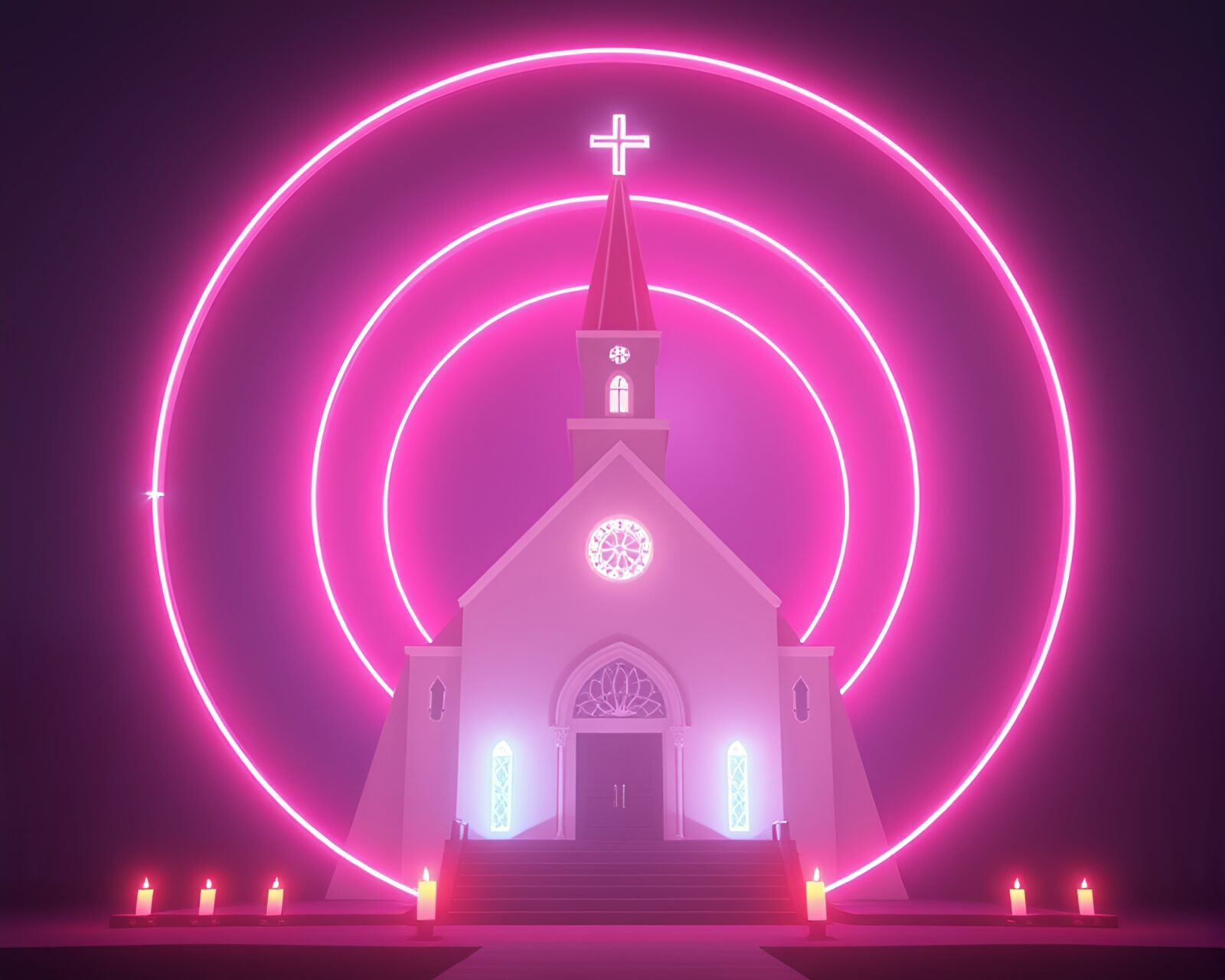 Low-poly 3D render of intricate neon magic circle glowing