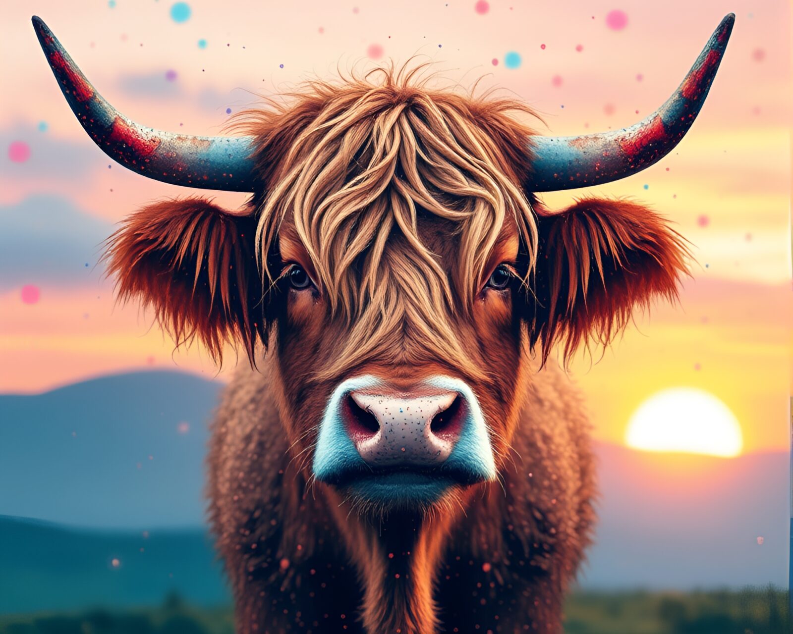 Highland cow in dot matrix style under pastel sky
