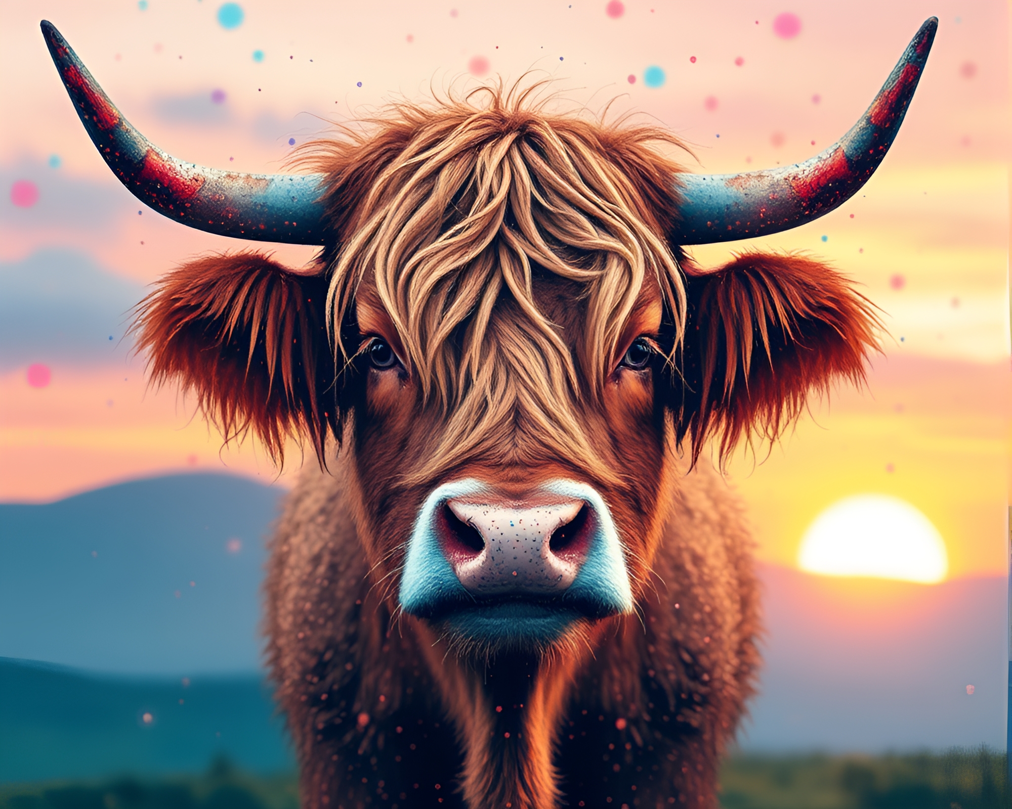 Sunrise Highland Cow Splatter Art Masterpiece – free AI stock image