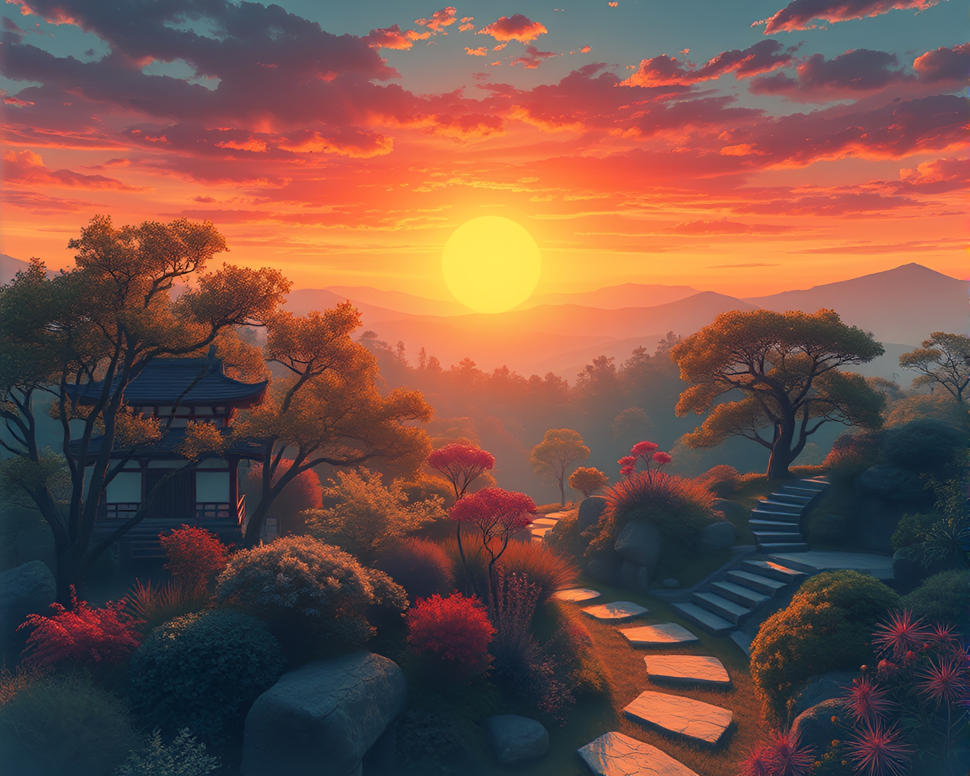 Serenity in Sunset: Zen Garden Aerial View – free AI stock image