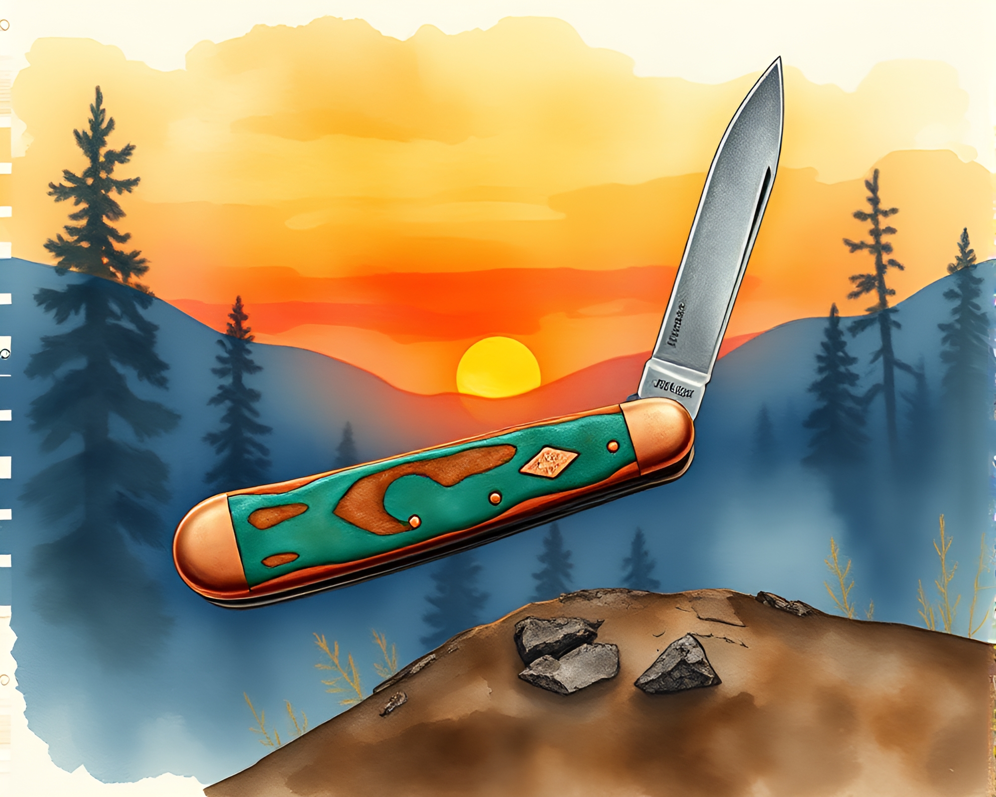 Rusty Pocketknife in Copper Verdigris Wildlife Watercolor – free AI stock image