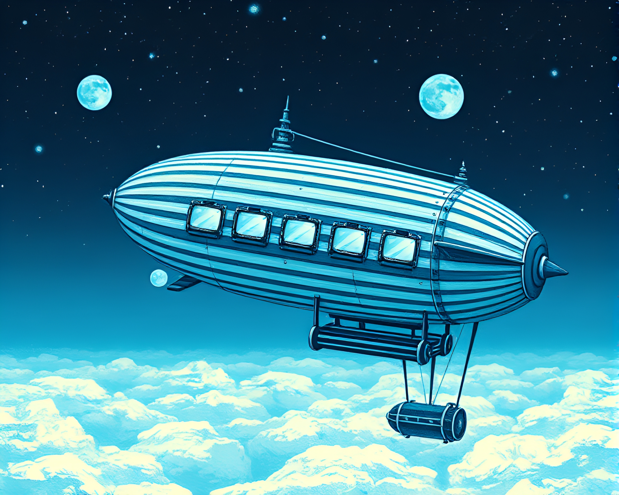 Steampunk Airship in Ice-Blue Striped Skies – free AI stock image