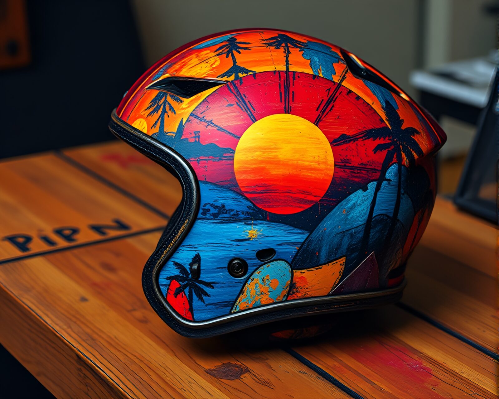 Boldly textured warrior helmet under a warm sunset sky