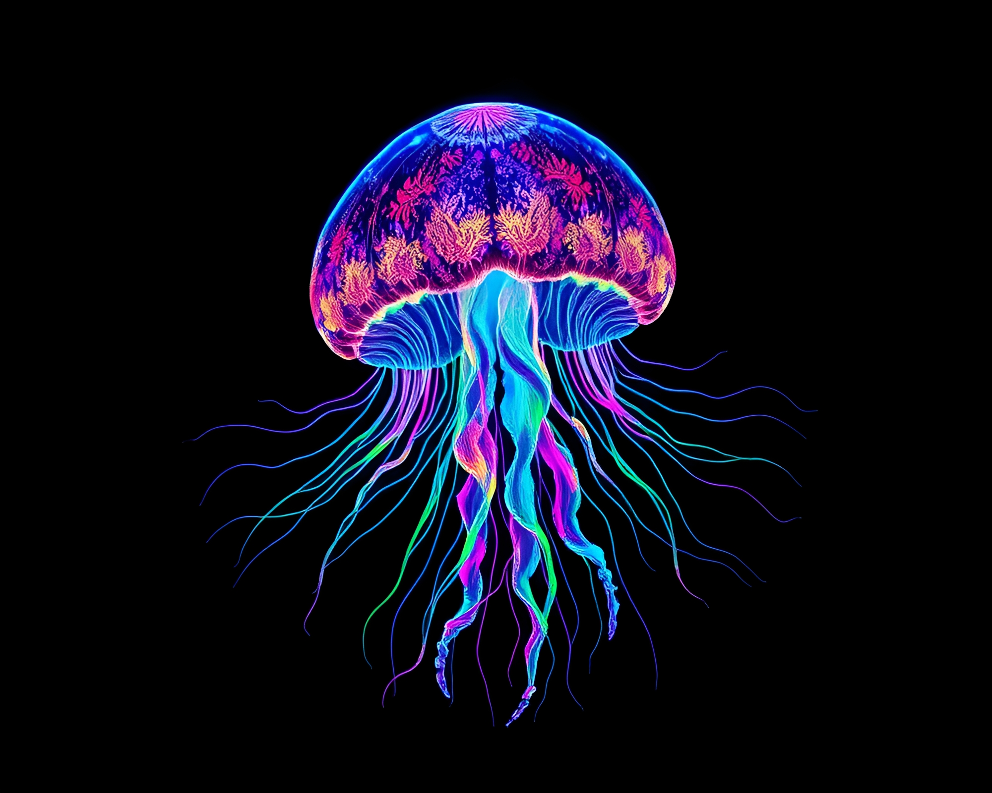 Bioluminescent Jellyfish Rainbow Landscape Etching – free AI stock image