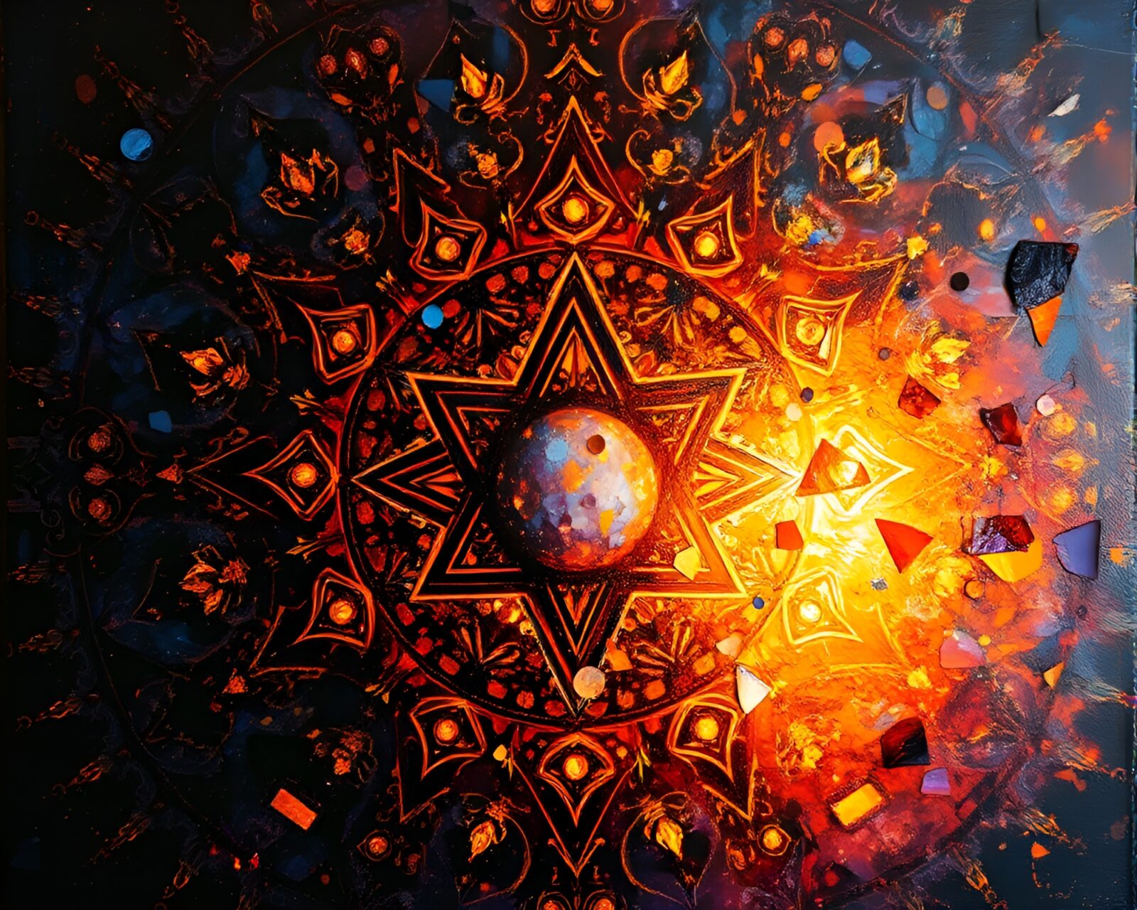 Intricate symbols amidst warm kaleidoscope colors in painting