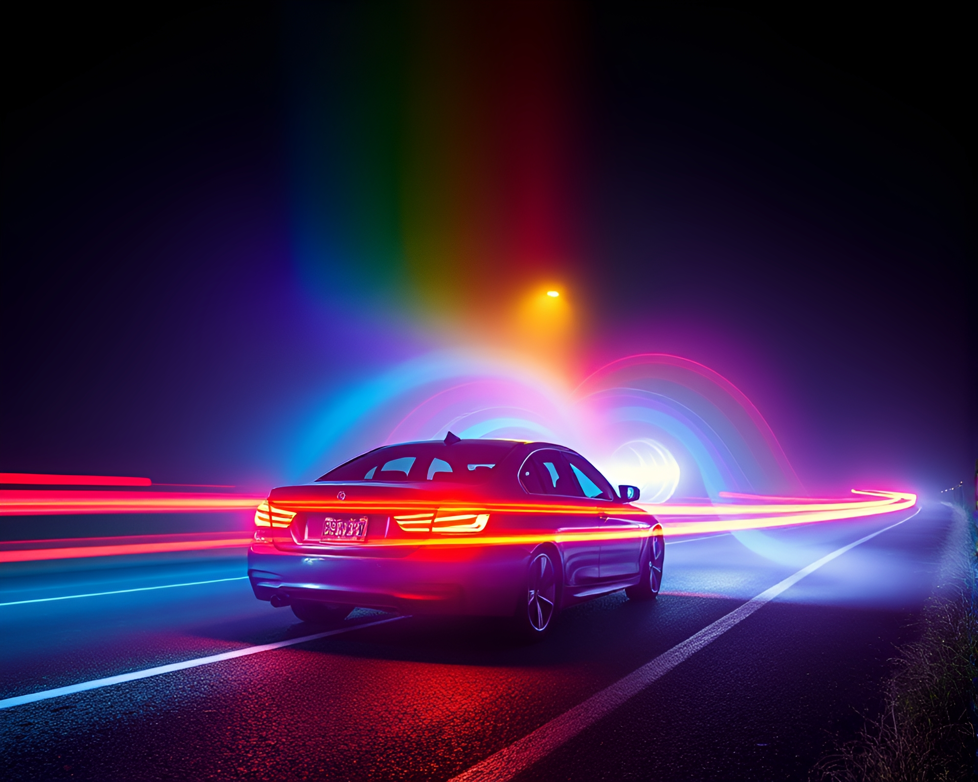 Troll beneath rainbow light trail spectrum – free AI stock image