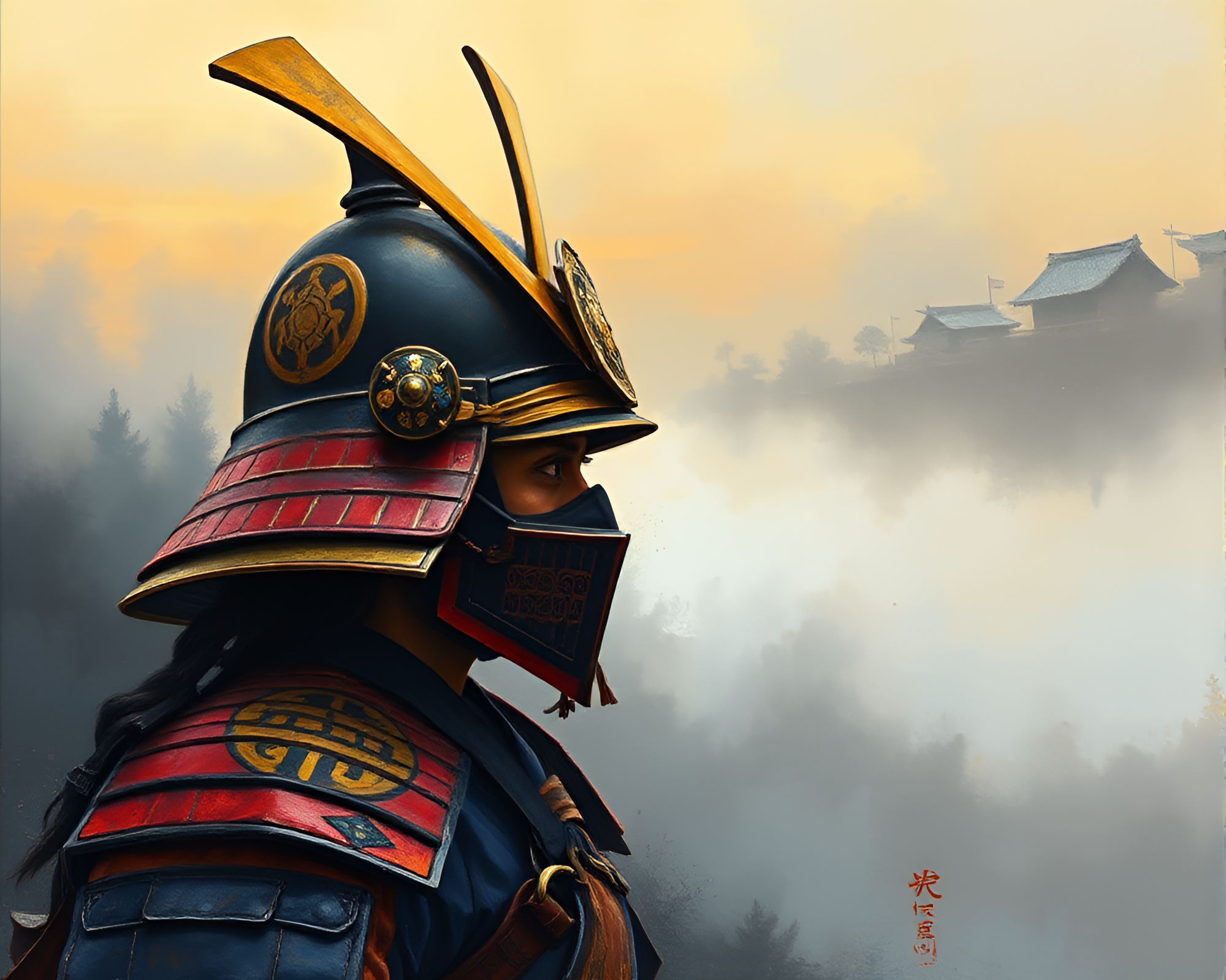 Samurai Helmet in Dawn Mist Gouache Painting – free AI stock image