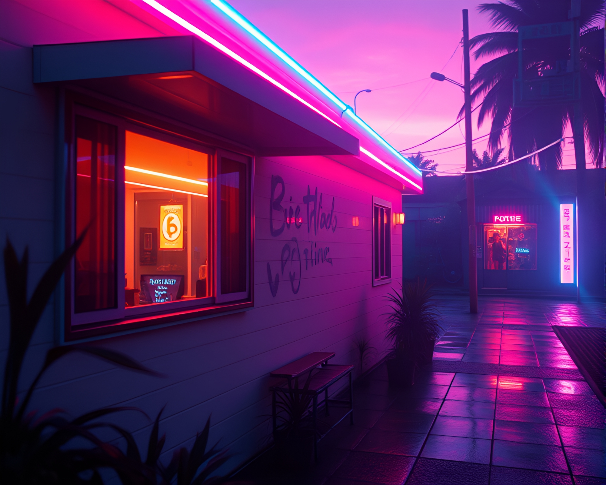 Neon Reflections: Porchlight warmth in Synthwave Vaporwave – free AI stock image