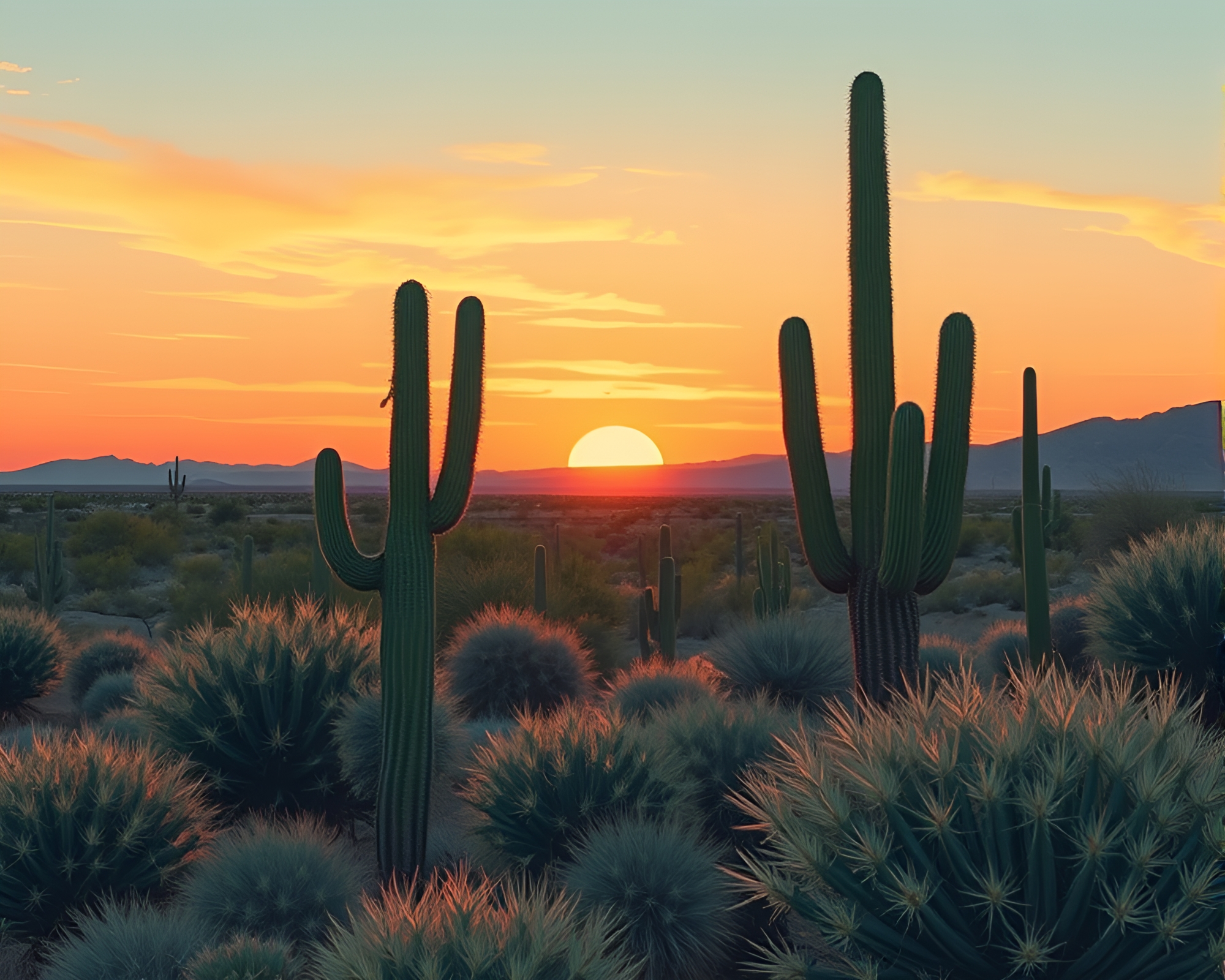 Desert Cactus at Sunrise: Woodcut Print Style – free AI stock image