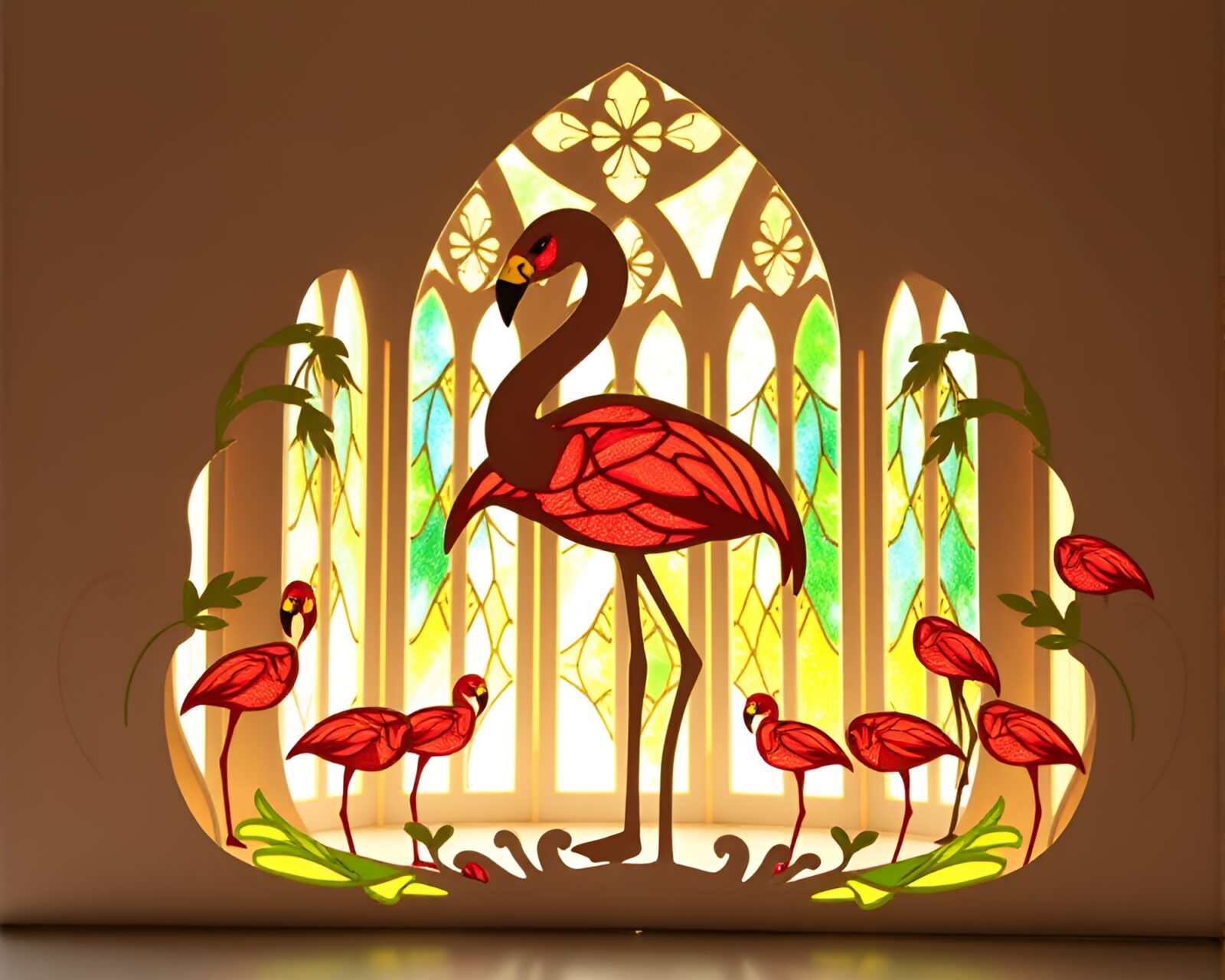 Stunning paper cutout of a flamingo in cathedral light