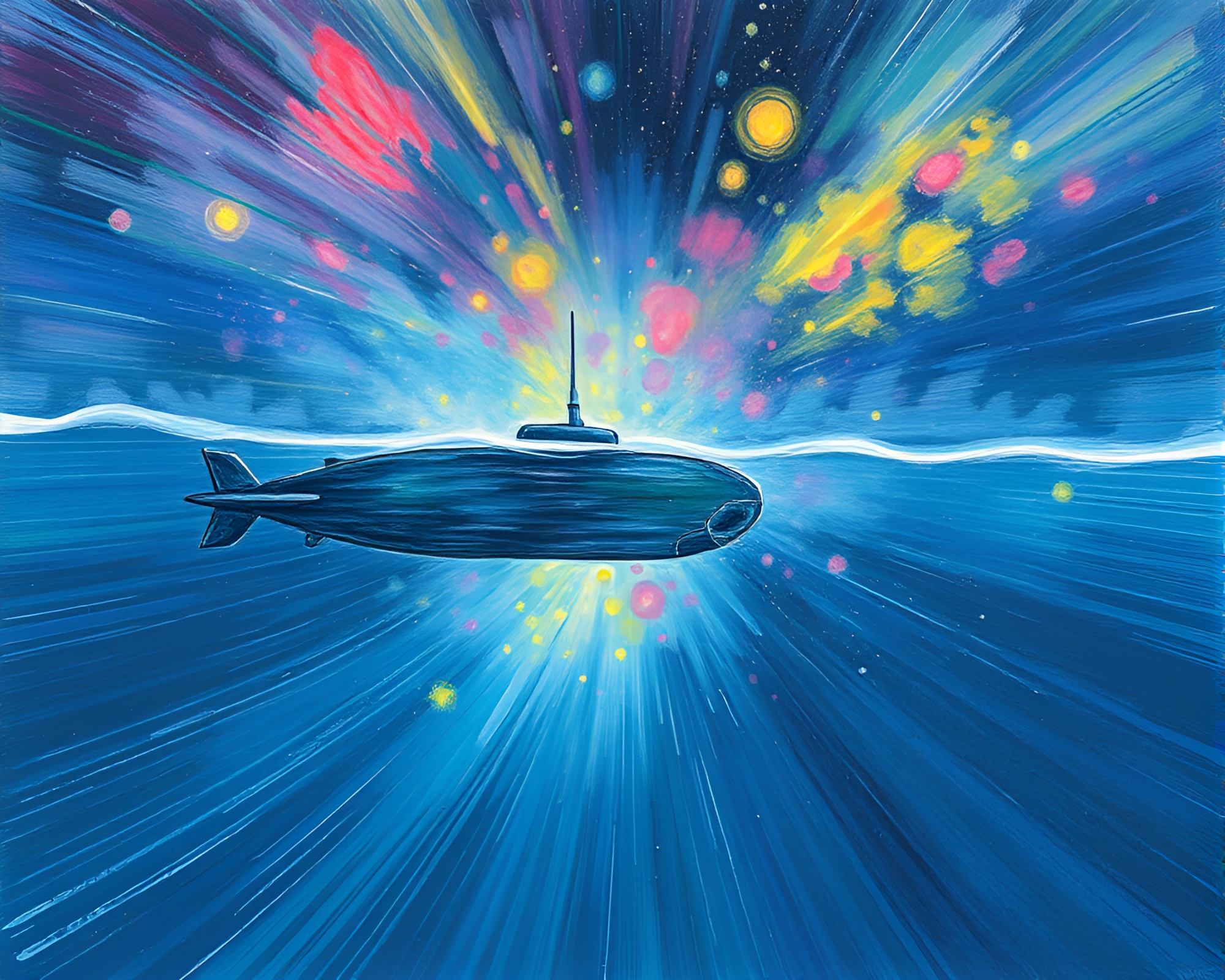 Surreal Submarine Voyage Through Cosmic Nebula Streaks – free AI stock image