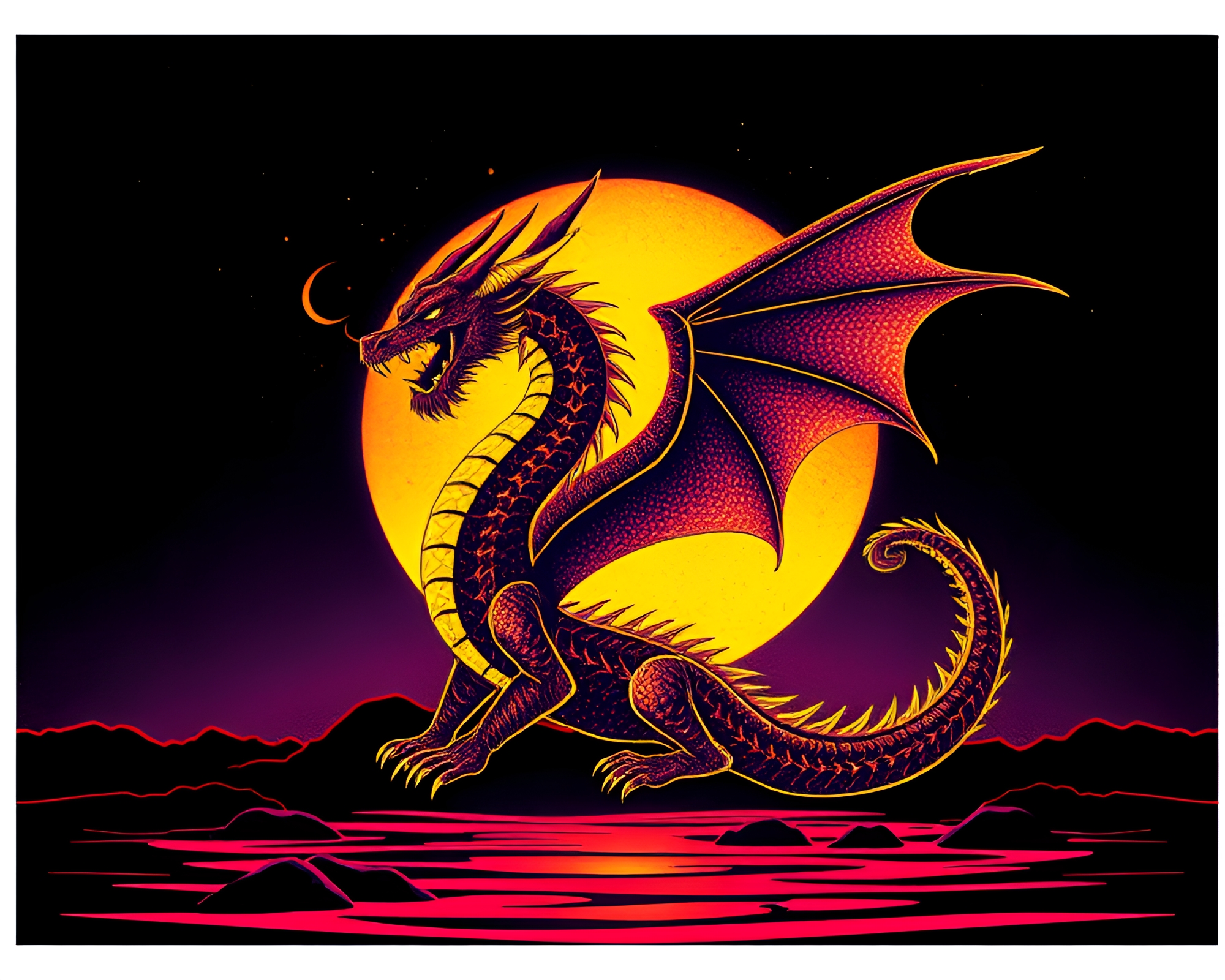 Celestial Dragon in Vector Halftone at Sunset – free AI stock image