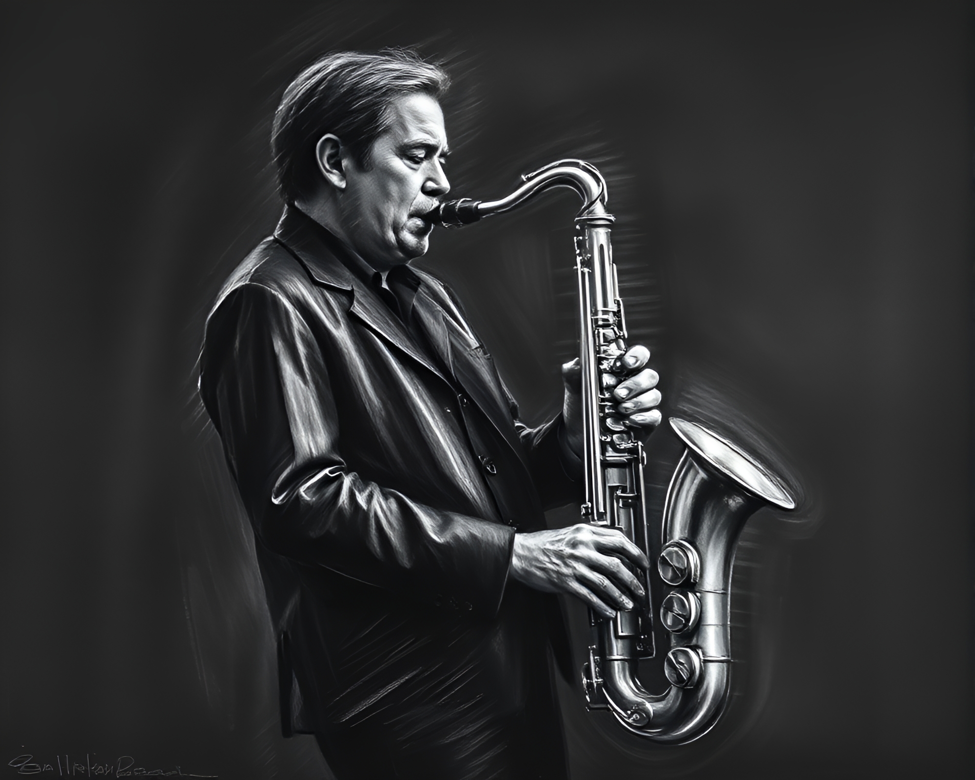 Saxophonist in Charcoal Black Chalk Motion Drawing – free AI stock image