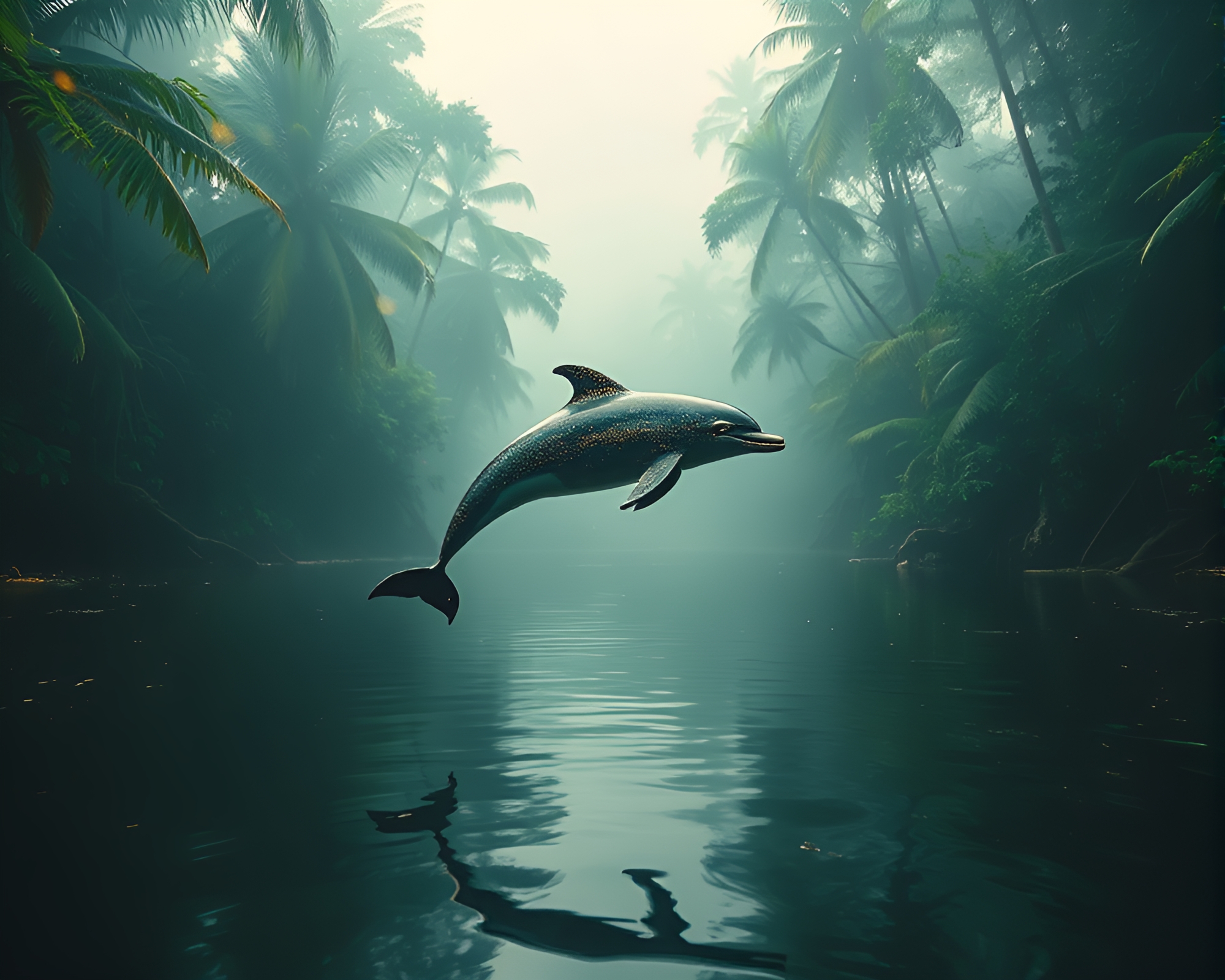 Majestic Amazon River Dolphin in Double Exposure Gold Foil Glow – free AI stock image
