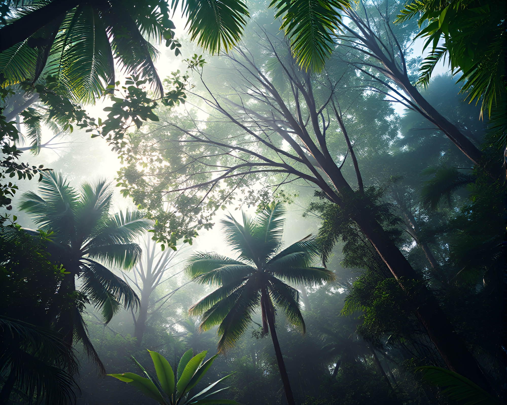 Lush Rainforest Canopy in Pastel Ambiance Close-Up – free AI stock image