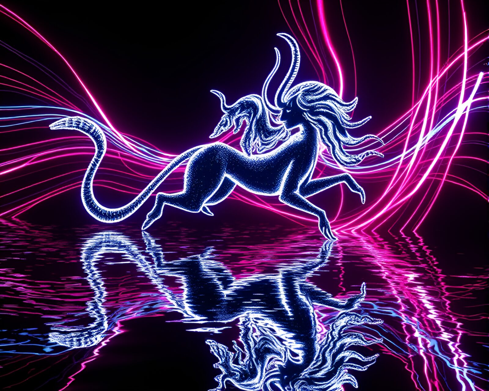 Fantastical nymph reflecting light in ASCII chrome composition