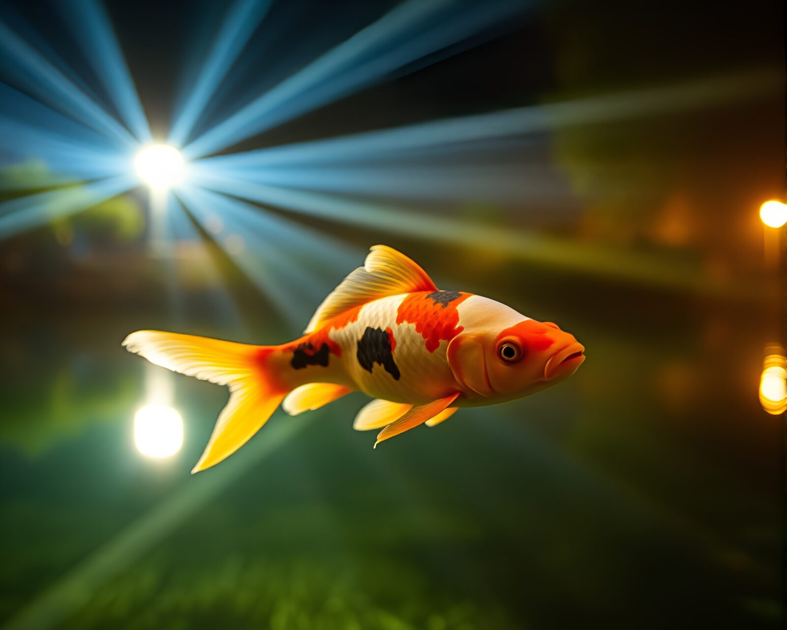 Koi fish illuminated by soft laser beams in city night