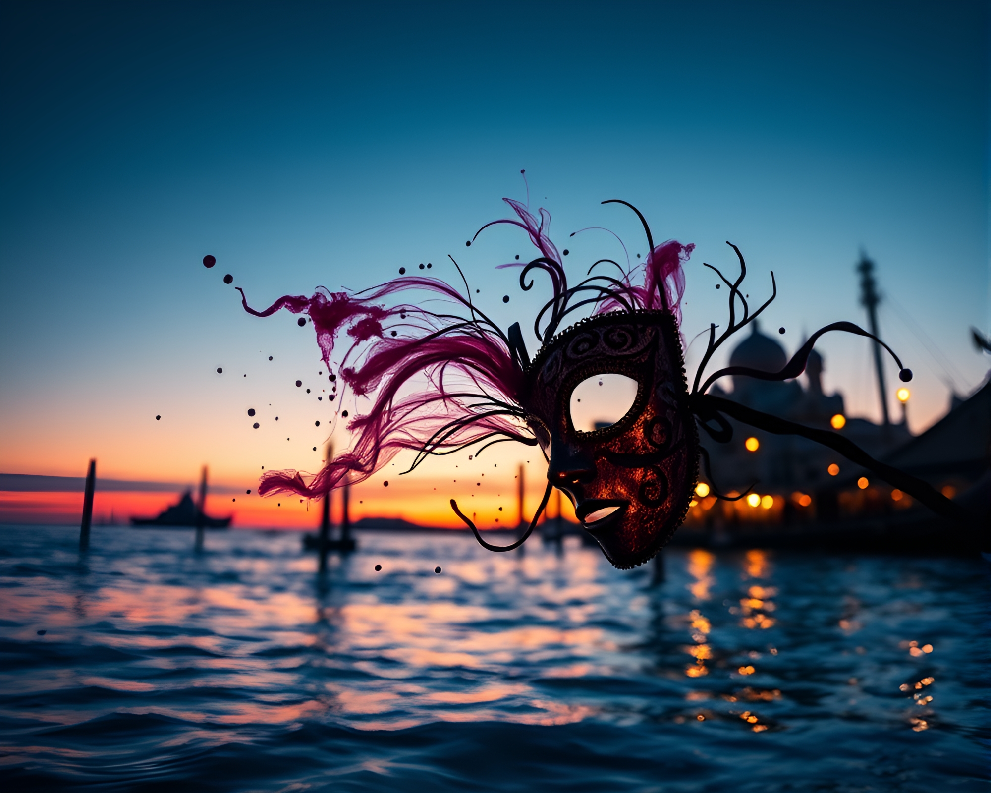 Venetian Mask in Ink Splashes at Polar Twilight – free AI stock image
