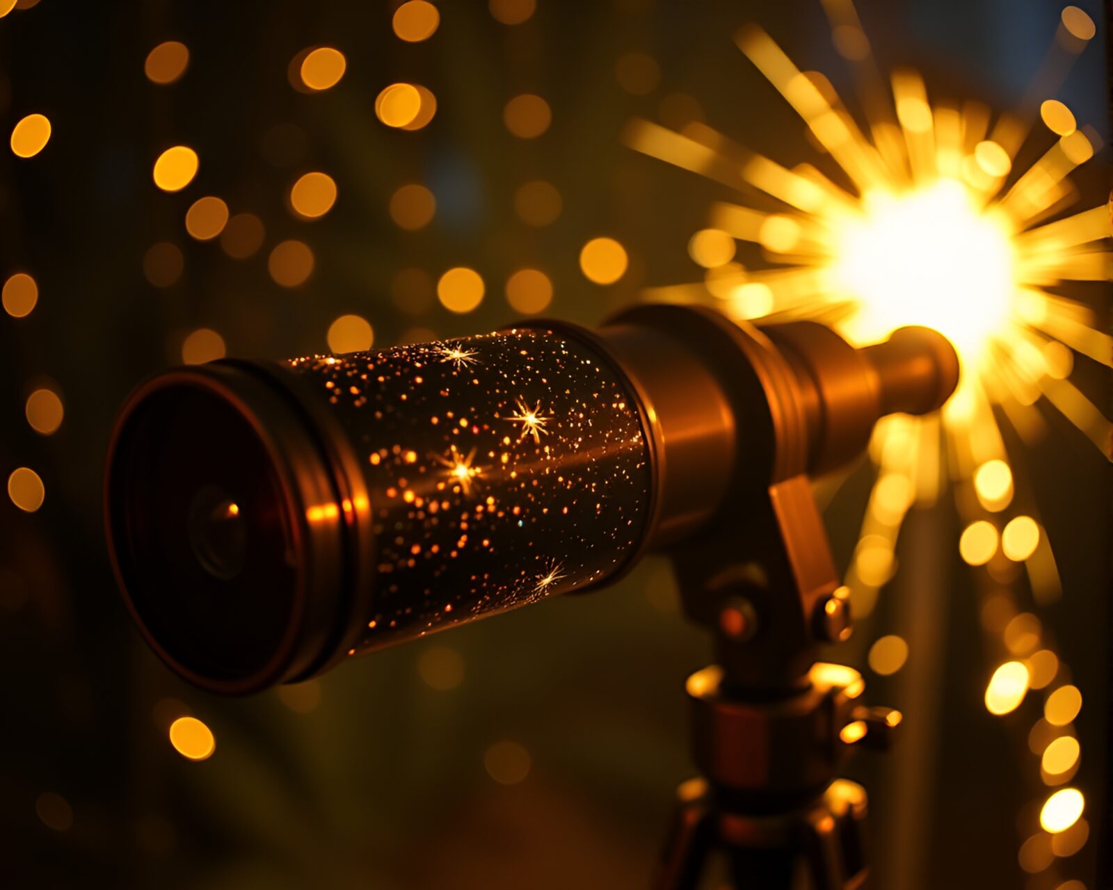 Beautiful vintage telescope illuminated by fairy lights and film burns