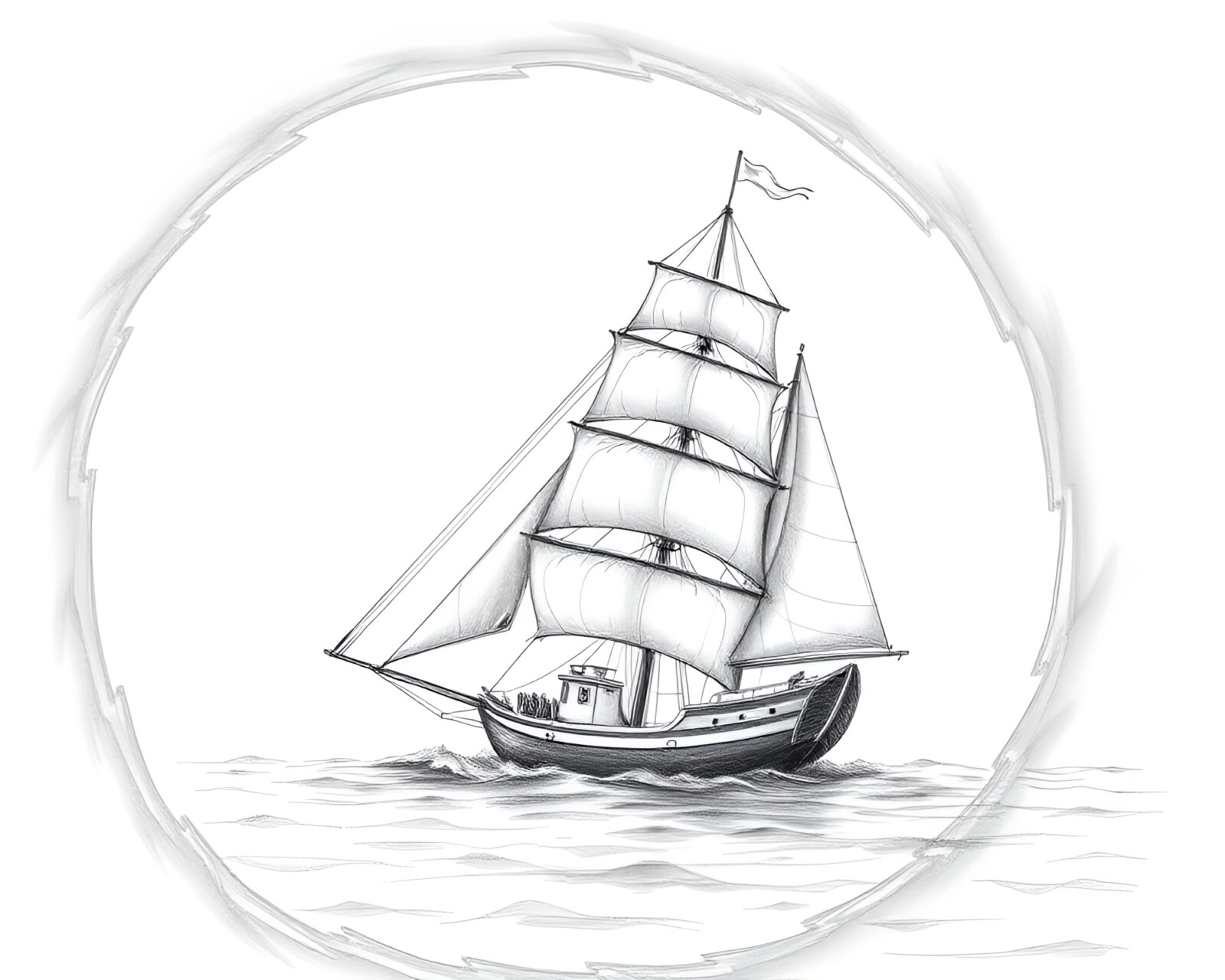 Pencil sketch of a majestic sailing ship in gray tones
